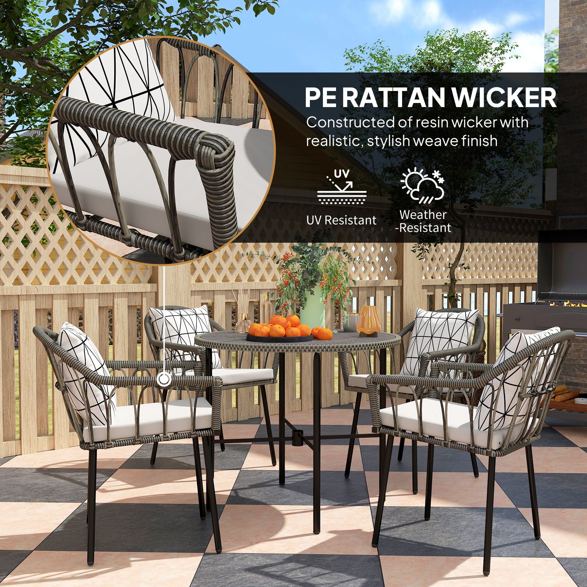 Outsunny 5 Piece Patio Rattan Dining Set, Wicker Garden Table and Chairs w/ Removable Seat & Back Cushions, Round Tempered Glass Tabletop, Parasol Hole, Outdoor Furniture Conservatory Set, Grey - North Peak Garden Furniture