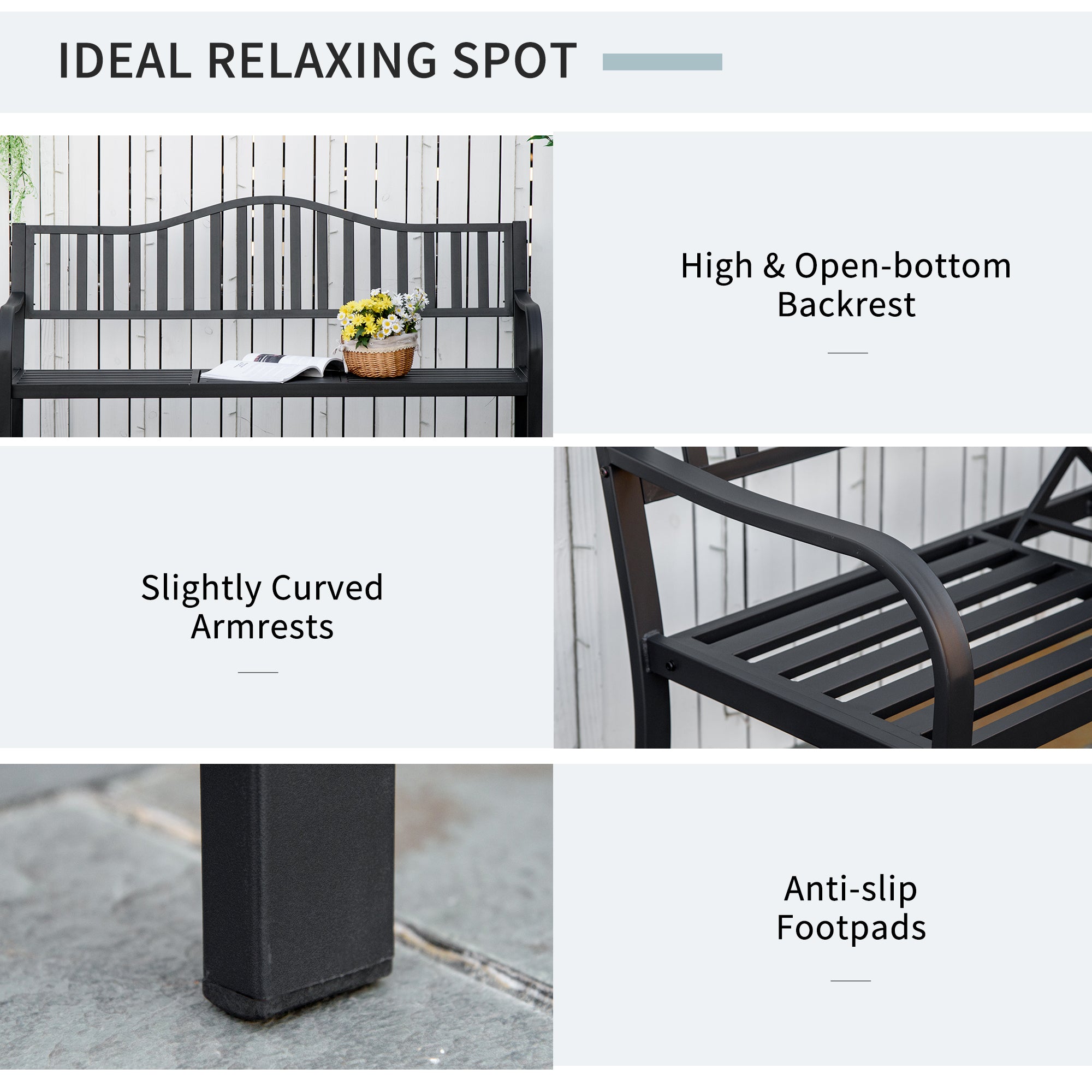 Outsunny Metal Outdoor Bench with Liftable Middle Table, Patio Loveseat, Garden Bench for Garden, Porch, Seats 2–3 People, Black