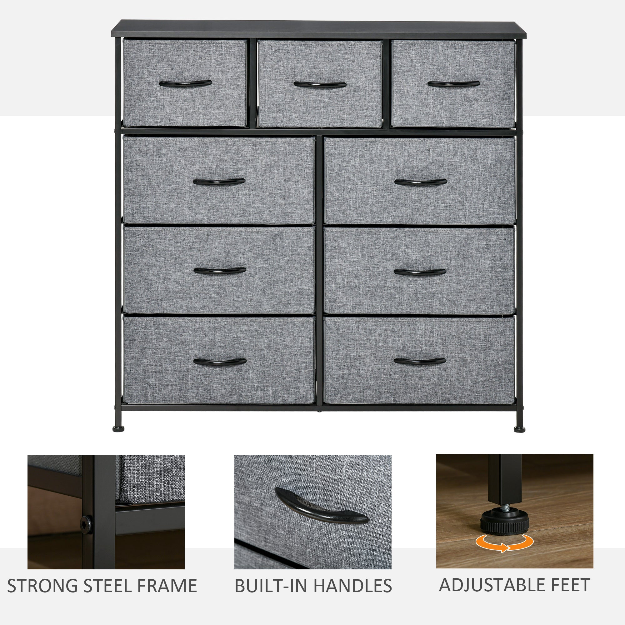 HOMCOM 9 Drawers Storage Chest Dresser Organizer Unit , Easy Pull Fabric Bins, for Bedroom, Hallway, Entryway, Black & Grey