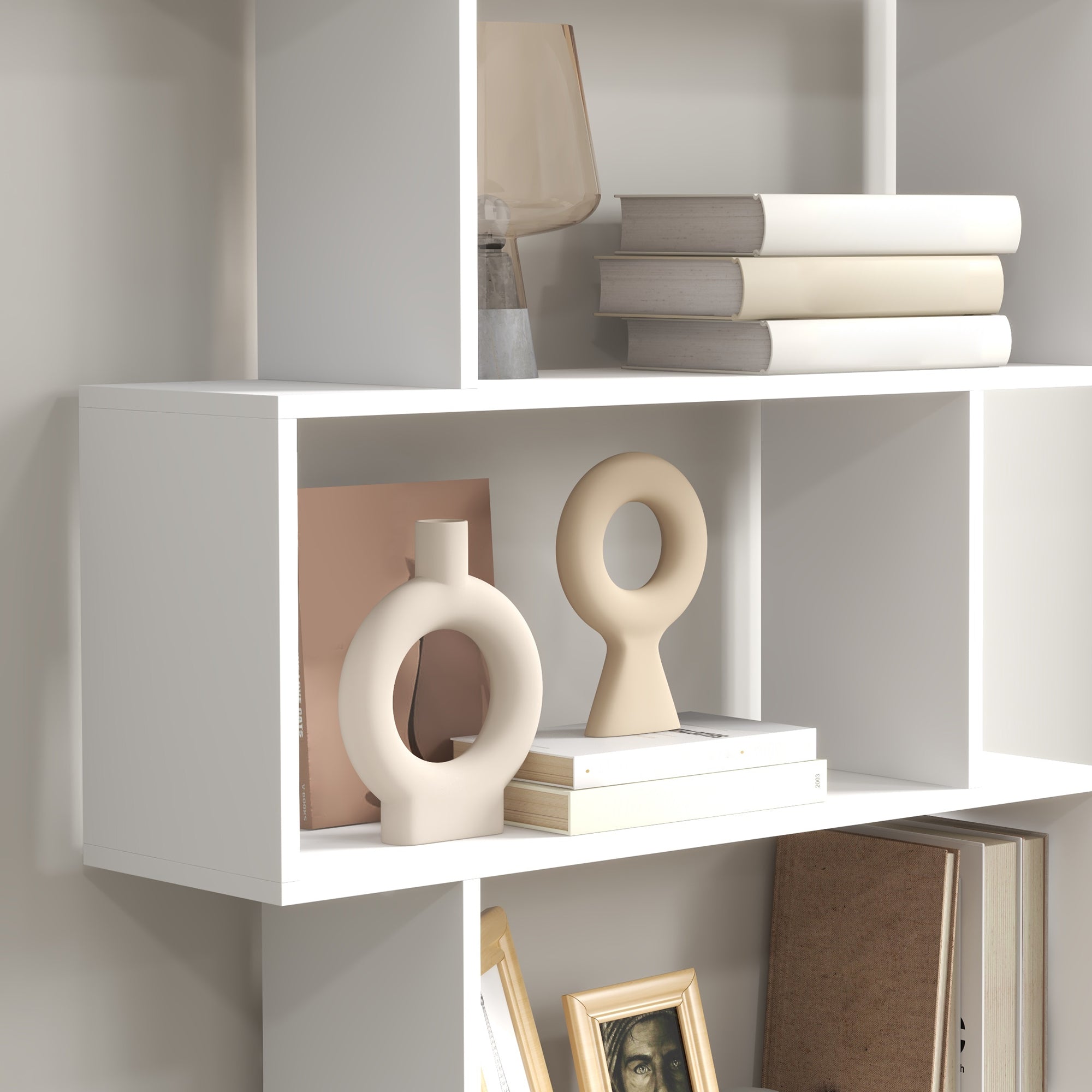 HOMCOM Wooden Wood S Shape Storage Display 6 Shelves Room Divider Unit Chest Bookshelf Bookcase Cupboard Cabinet Home Office Furniture (White) - North Peak Garden Furniture