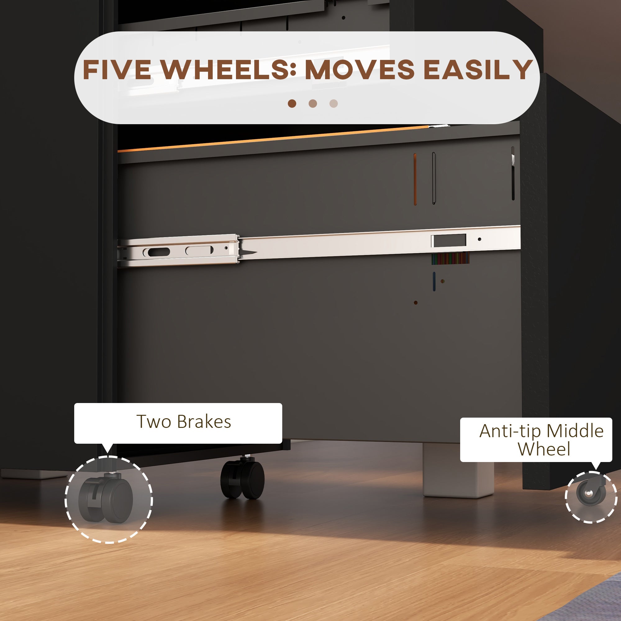 Vinsetto 3-Drawer Vertical Filing Cabinet with Pencil Tray, Lock and 5 Wheels, Steel Mobile File Cabinet, for A4, Legal and Letter Size, Pre-Assembled Body, Black - North Peak Garden Furniture