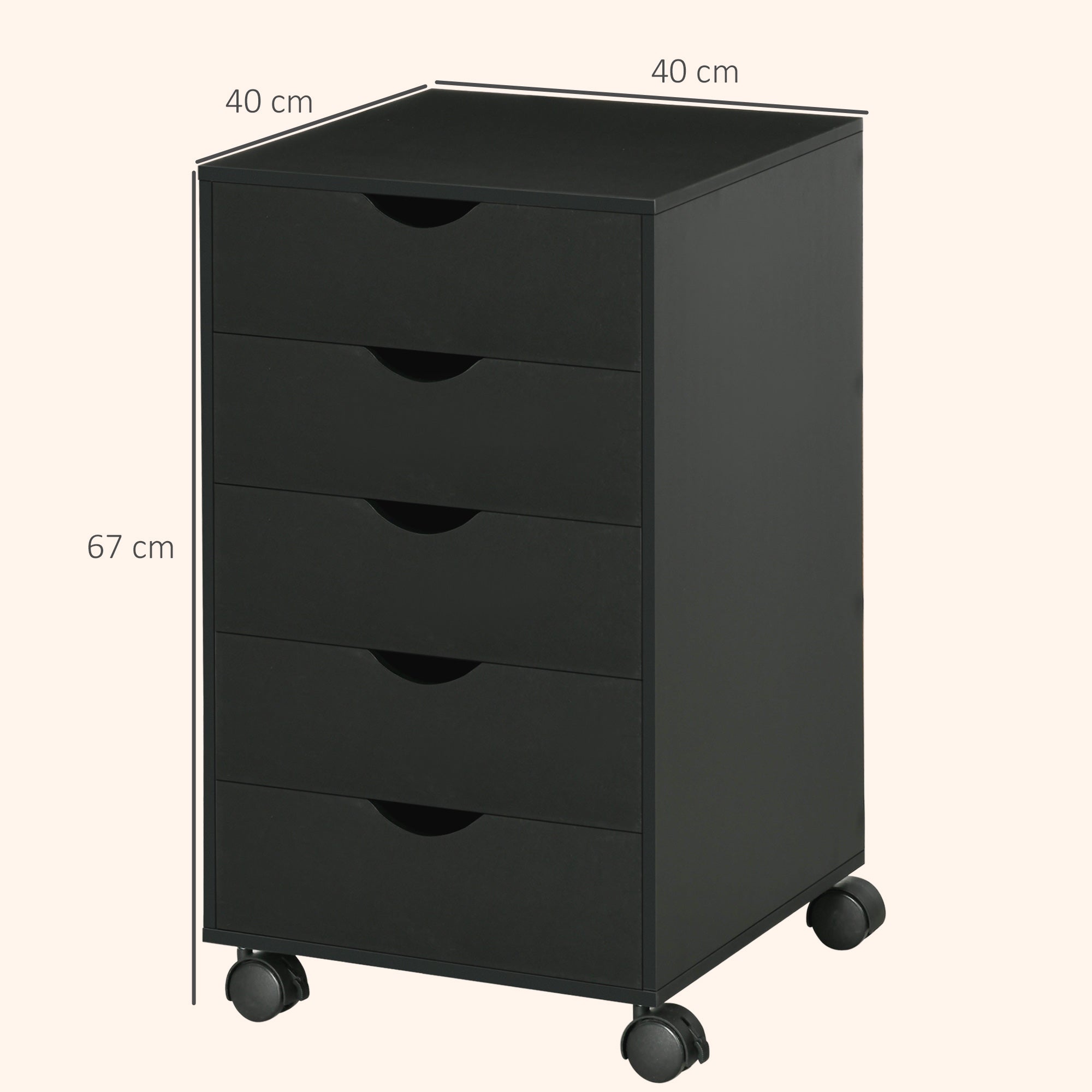 HOMCOM 5 Drawer Mobile Filing Cabinet, Vertical File Cabinet, Modern Rolling Office Storage Organizer Cupboard, Black