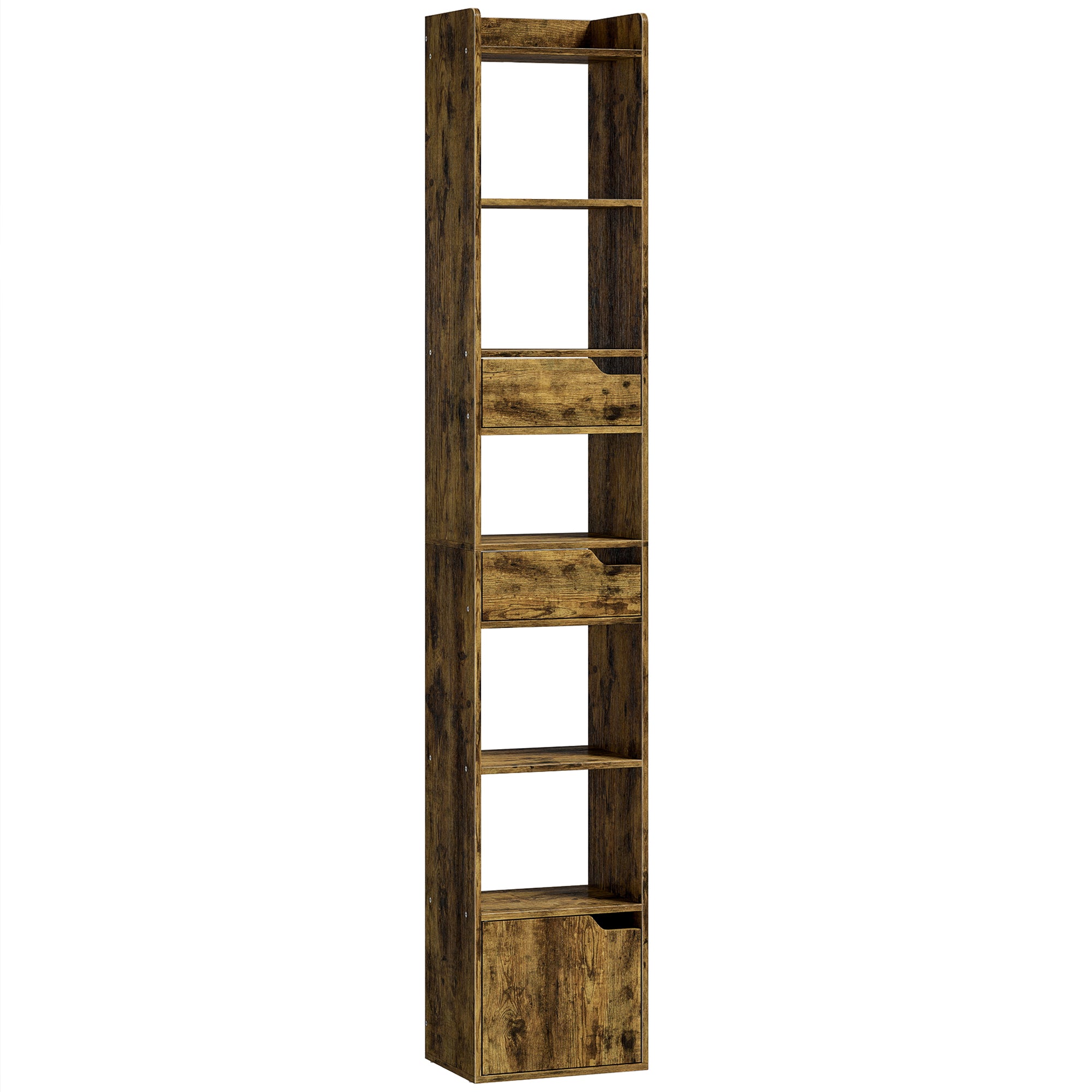 HOMCOM Bookcase Tall Narrow with 5 Tiers and Drawers Freestanding Bookshelf Storage Cabinet for Living Room Rustic Brown