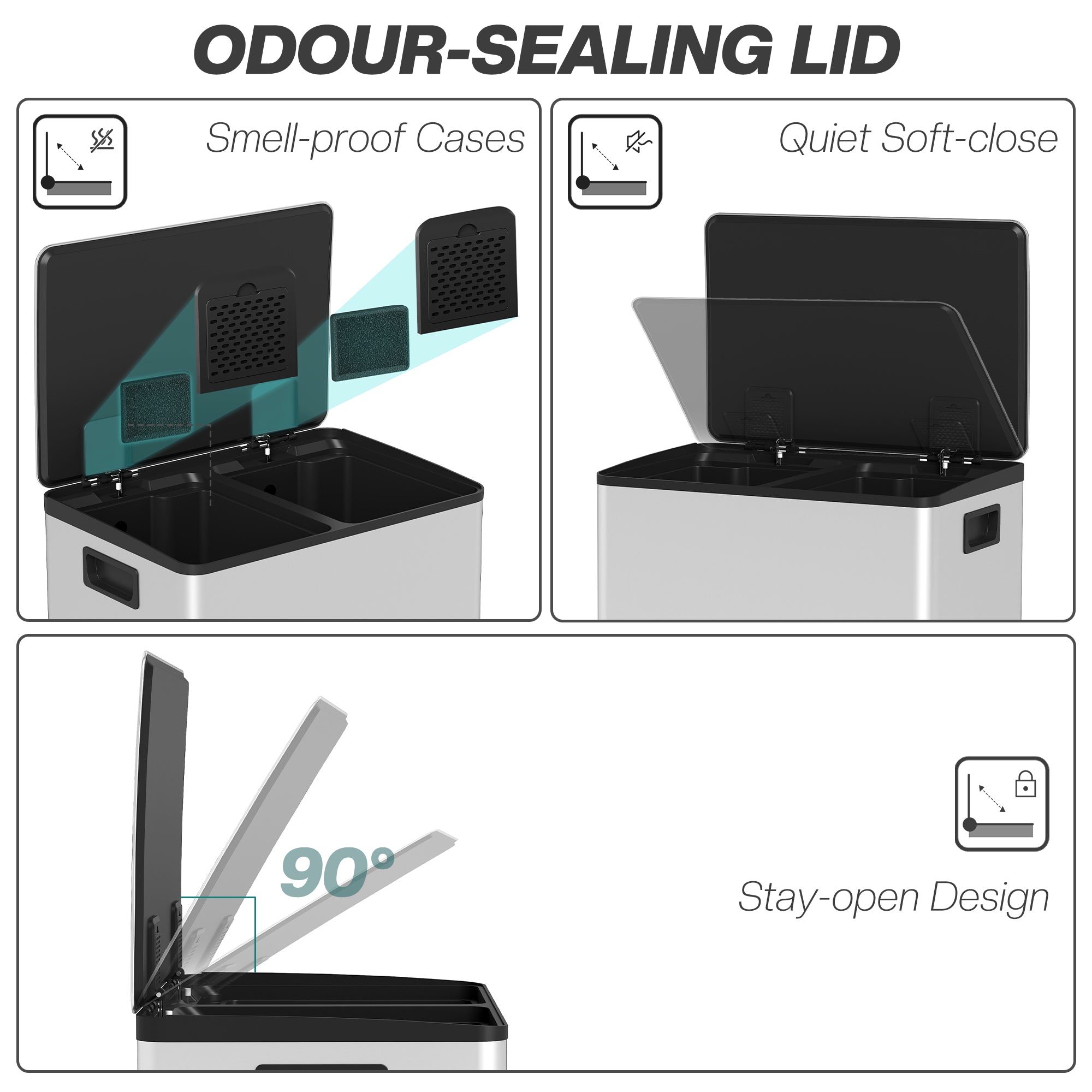 HOMCOM 50L Dual Compartment Stainless Steel Bin, with Deodoriser Holders - Silver