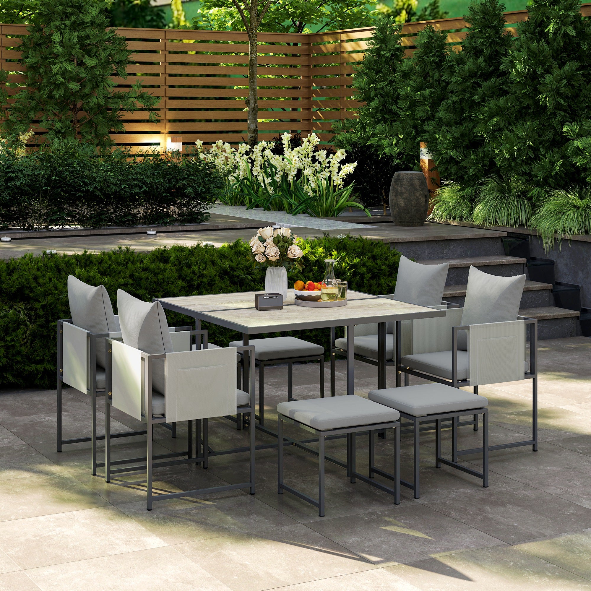 Outsunny 9 Piece Garden Dining Set, Cube Outdoor Garden Furniture Set with Cushions, 8 Seater Garden Table and Chairs with 4 Stools, Square PSPC Plastic Top Table, Side Pockets for Patio, Grey - North Peak Garden Furniture