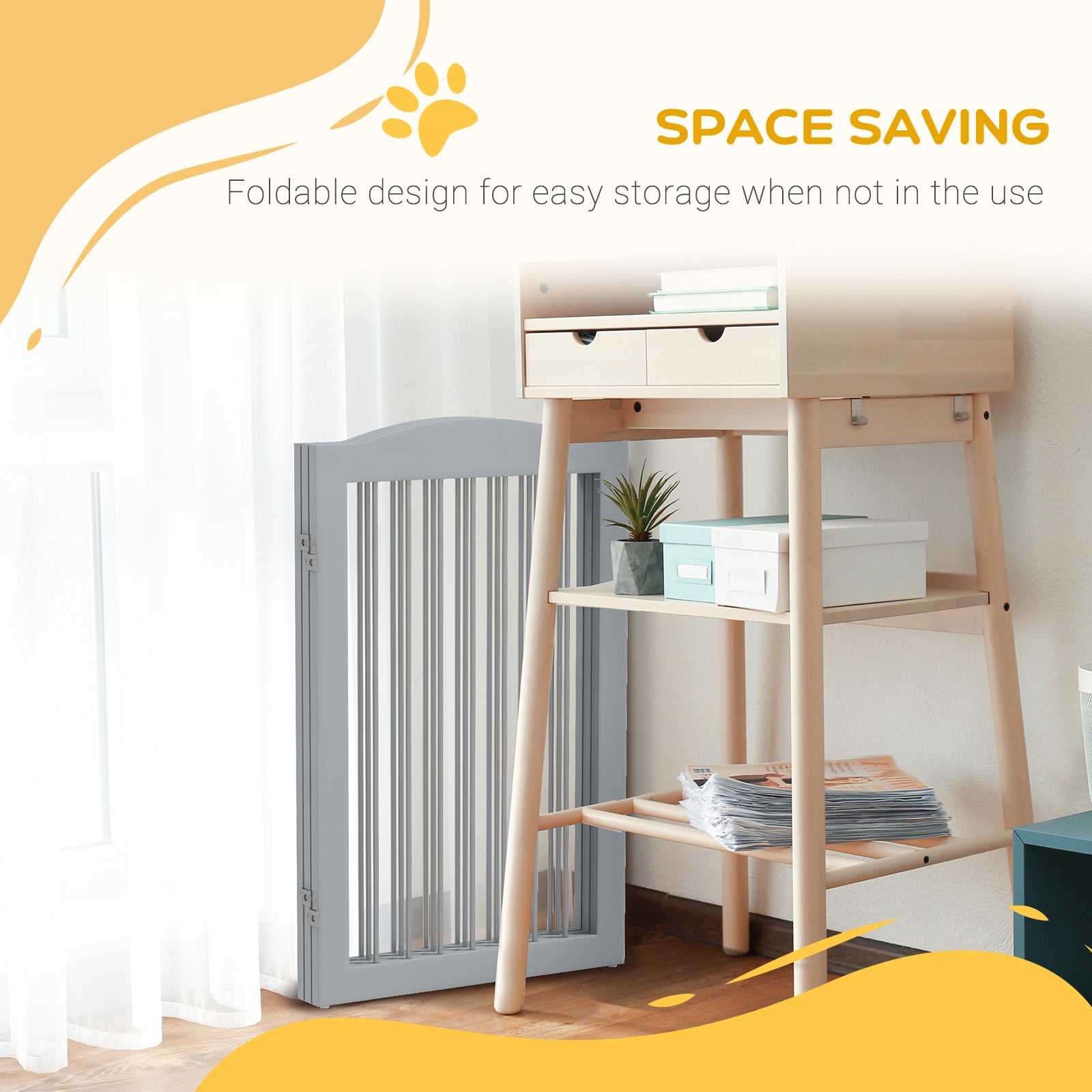PawHut Foldable Dog Gate, Freestanding Pet Gate, with Two Support Feet, for Staircases, Hallways, Doorways - Grey - North Peak Garden Furniture