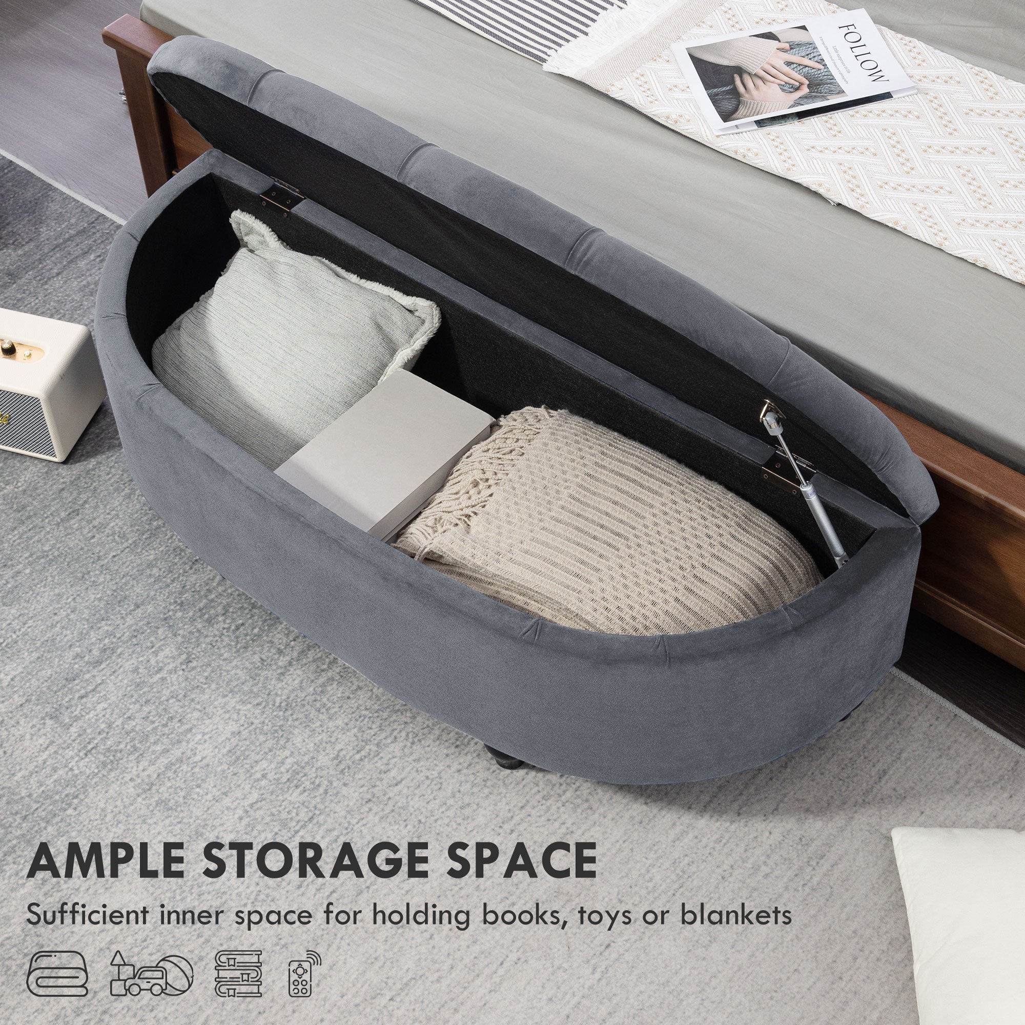 HOMCOM Velvet-Feel Half Circle Storage Ottoman - Dark Grey - North Peak Garden Furniture