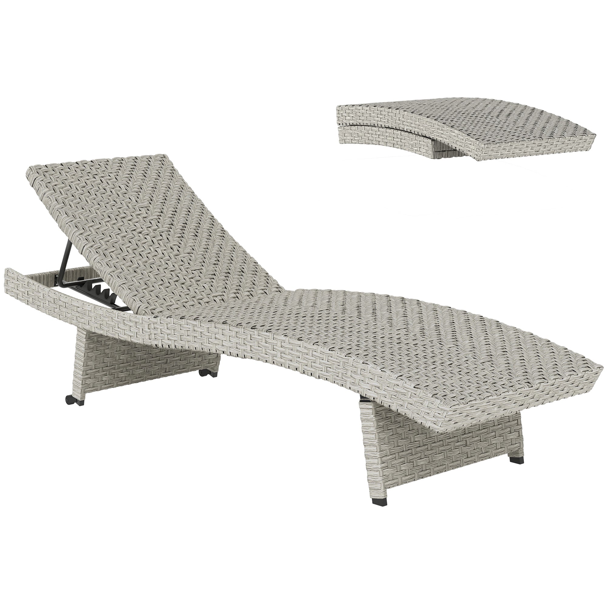 Outsunny Outdoor PE Rattan Sun Lounger, Folding Wicker Garden Lounger Recliner with 4-Level Adjustable Backrest, Rolling Sunbed Lounge Chair with Wheels, Non-Slip Legs for Balcony, Beach, Grey - North Peak Garden Furniture