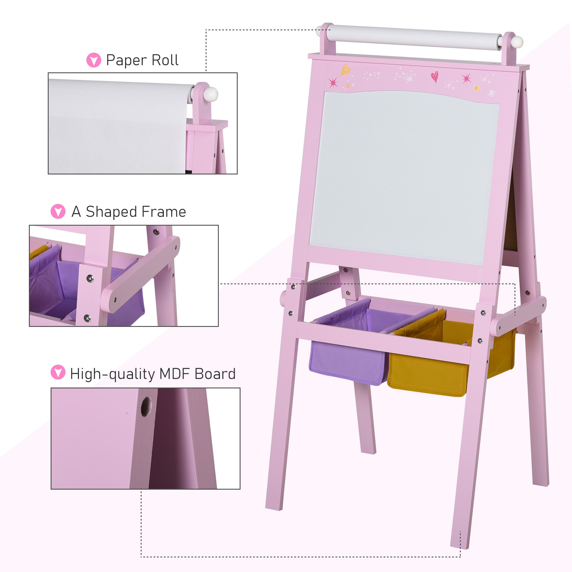 HOMCOM Kids Easel 3 in 1 Wooden Art Easel with Paper Roll Double-Sided Chalkboard & Whiteboard with Storage Baskets for Toddler Girls, Pink - North Peak Garden Furniture