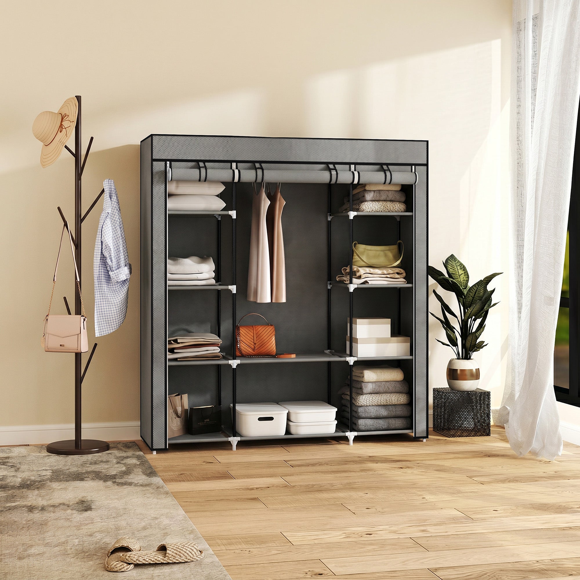 HOMCOM Clothes Storage Organiser with Hanging Rail, Shelves, Portable Wardrobe, Foldable Fabric Wardrobe, Dark Grey