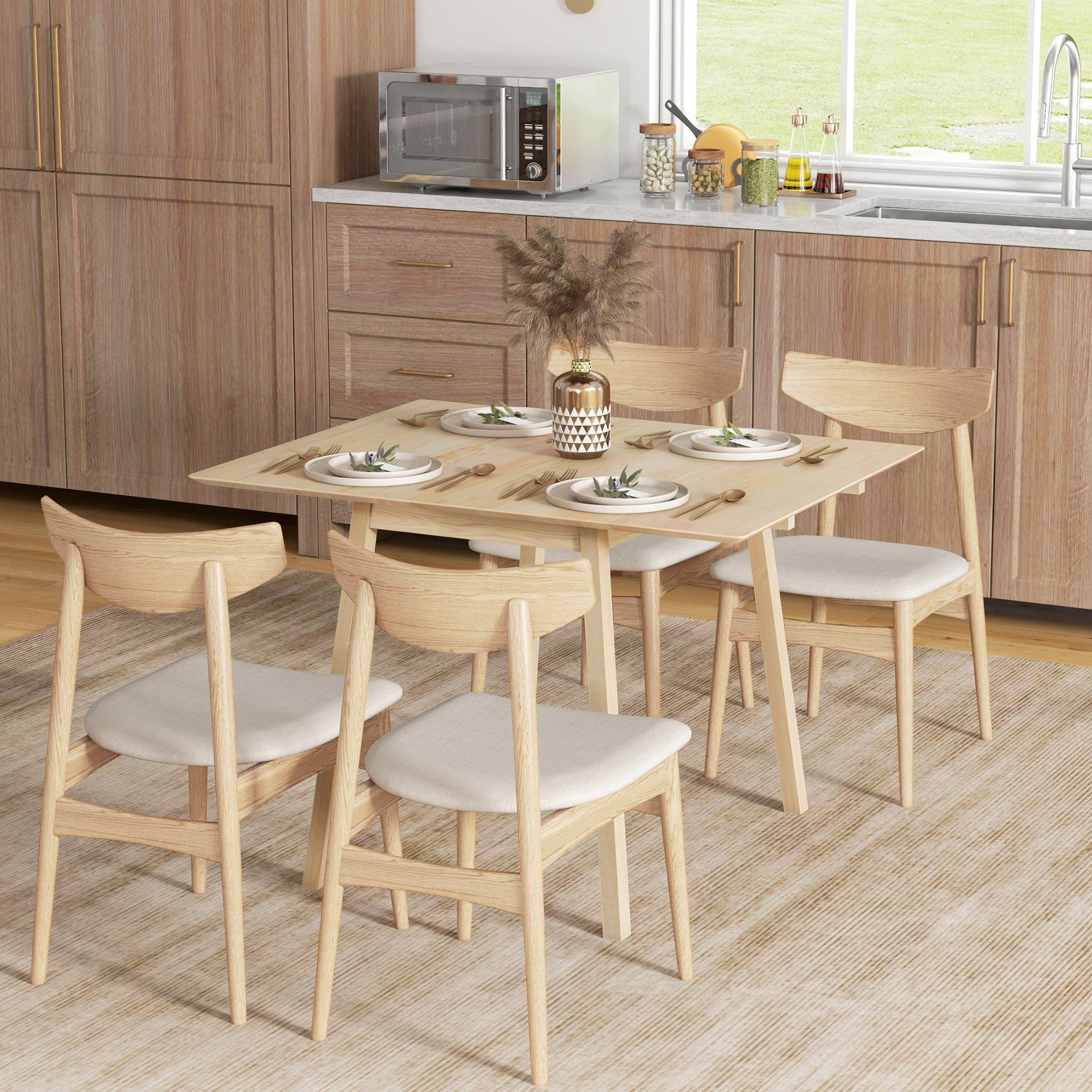 HOMCOM Wooden Four-Seater Drop Leaf Table - Natural Finish