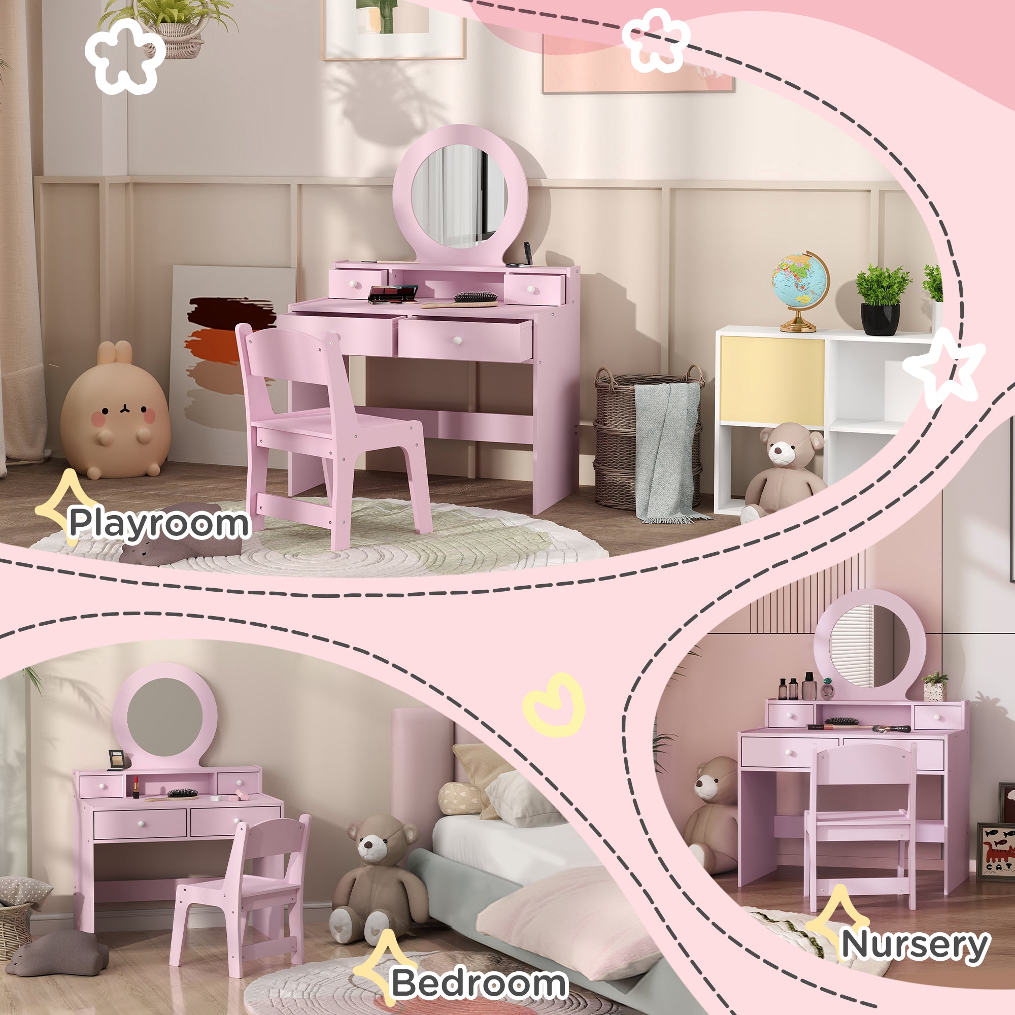 AIYAPLAY Kids Dressing Table Set Kids Make up Table with Stool and Mirror, Storage Drawers, Gift for Aged 3-8 - North Peak Garden Furniture