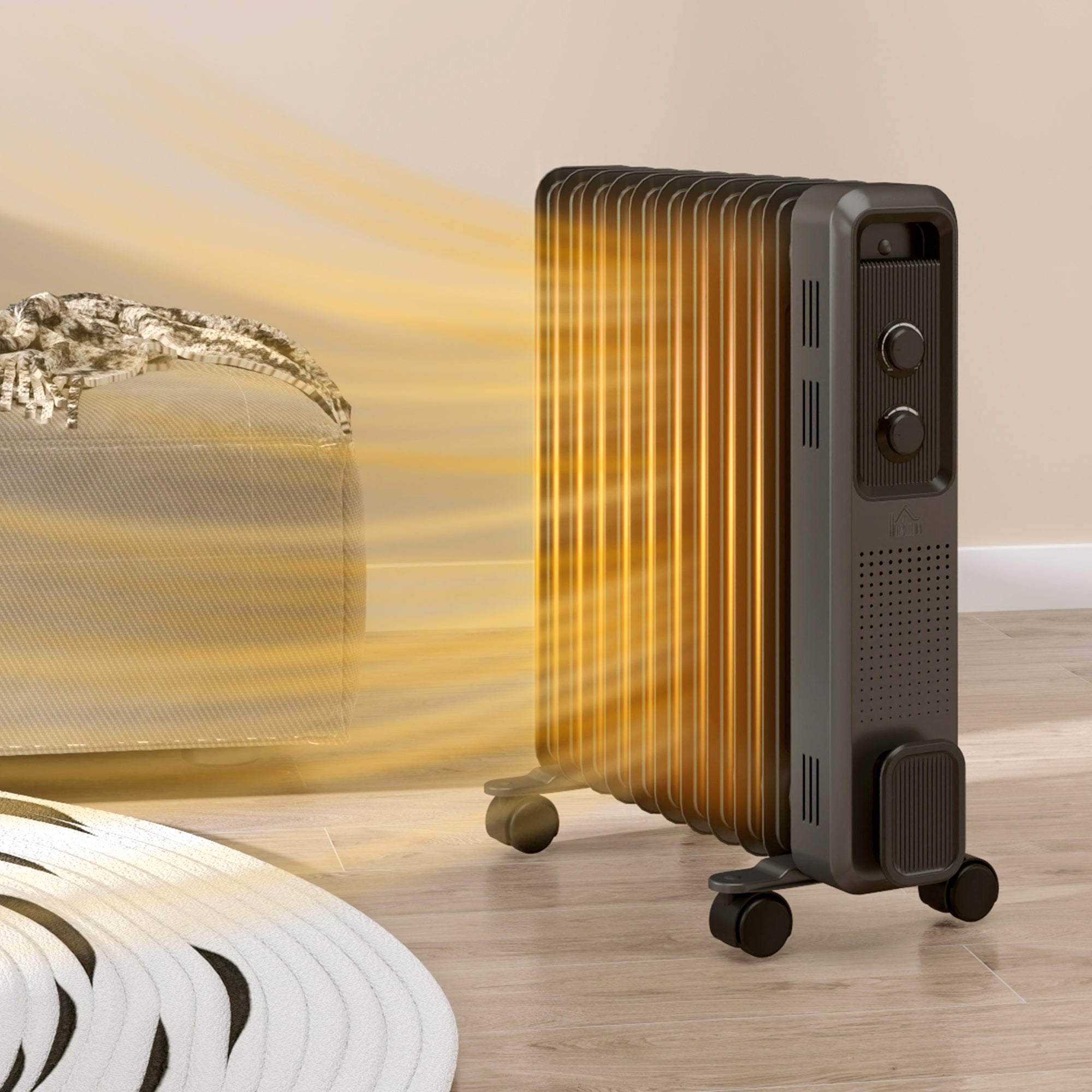 HOMCOM 2500W Oil Filled Radiator, 11 Fin, Portable Electric Heater with 3 Heat Settings, Safety Cut-Off and Wheels, Grey - North Peak Garden Furniture