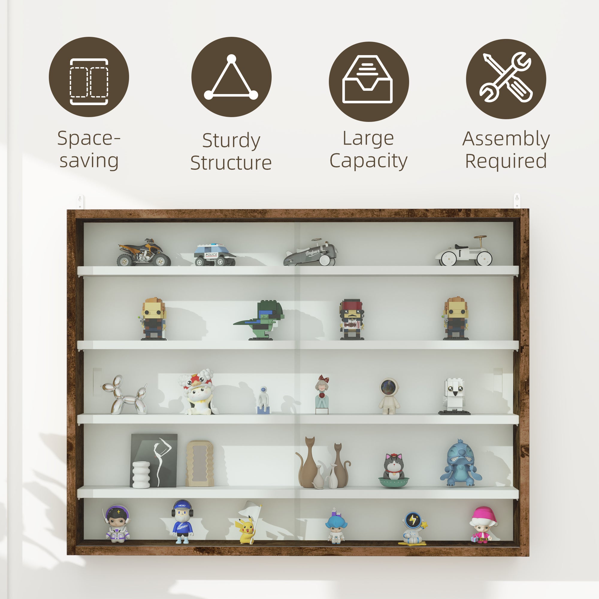 HOMCOM 5-Tier Wall Display Shelf Unit Cabinet w/ 4 Adjustable Shelves Glass Doors Home Office Ornaments 60x80cm Rustic brown - North Peak Garden Furniture