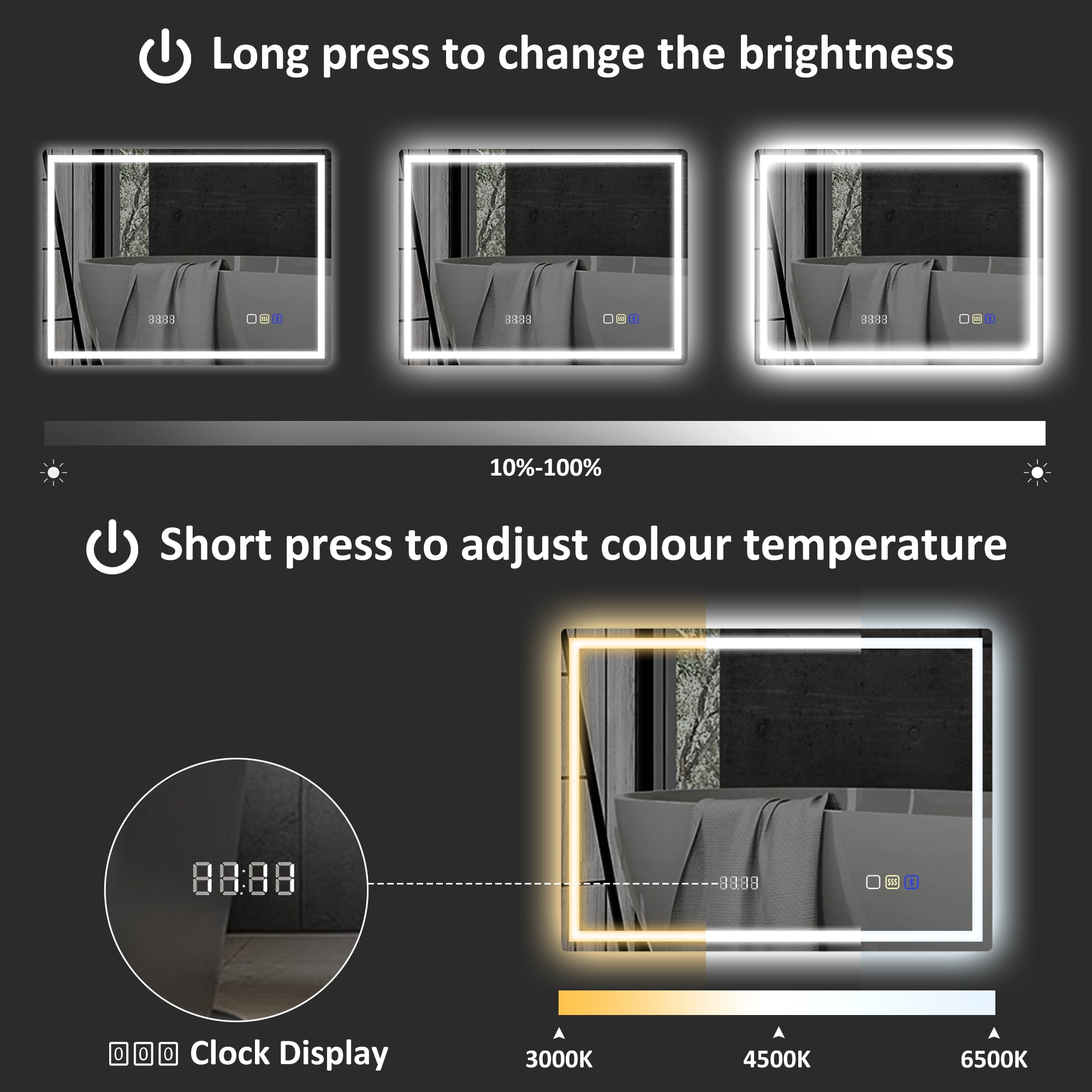 HOMCOM 60 x 80 cm Anti-Fog LED Bathroom Mirror, with Bluetooth and Clock - Silver Tone - North Peak Garden Furniture