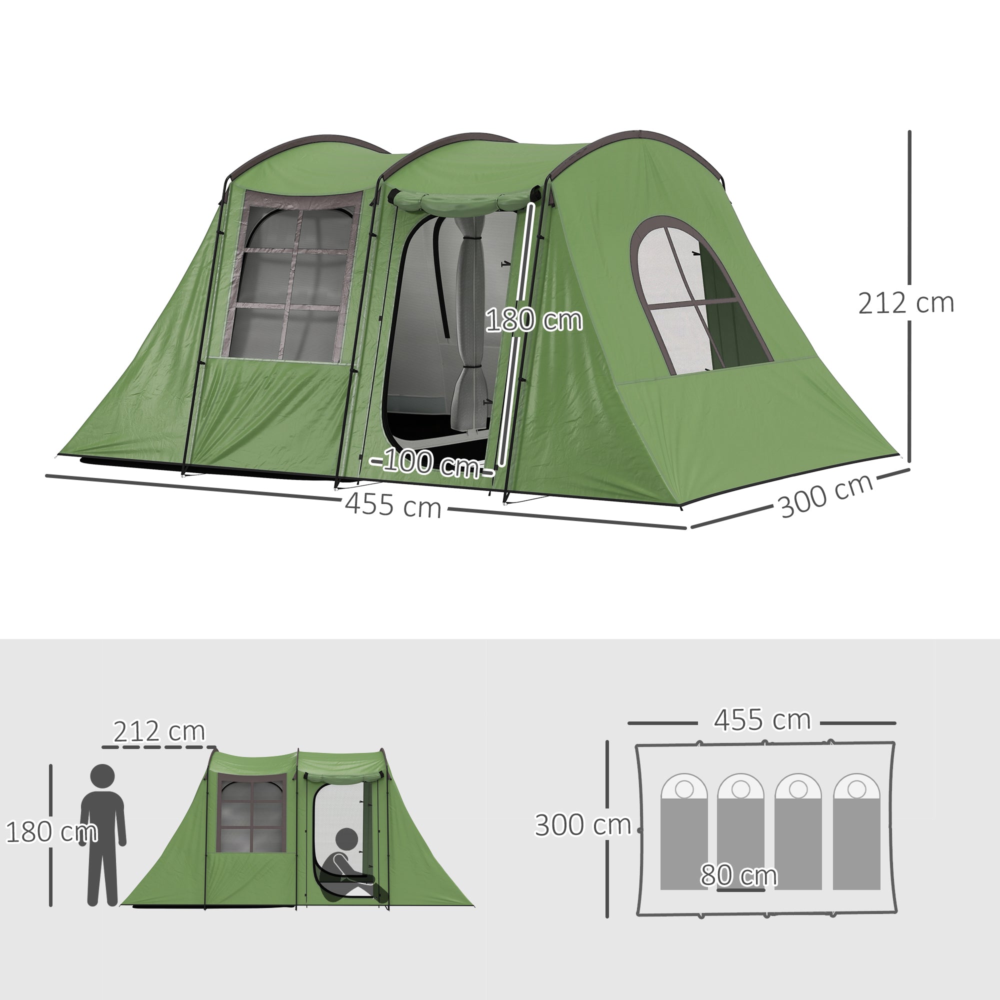 Outsunny 3-4 Man Tunnel Tent, Family Camping Tent with Porch, Bedroom and Living Area, Sewn in Groundsheet, 3000mm Waterproof, Portable with Bag for Hiking, Festival, Backpacking, Green - North Peak Garden Furniture
