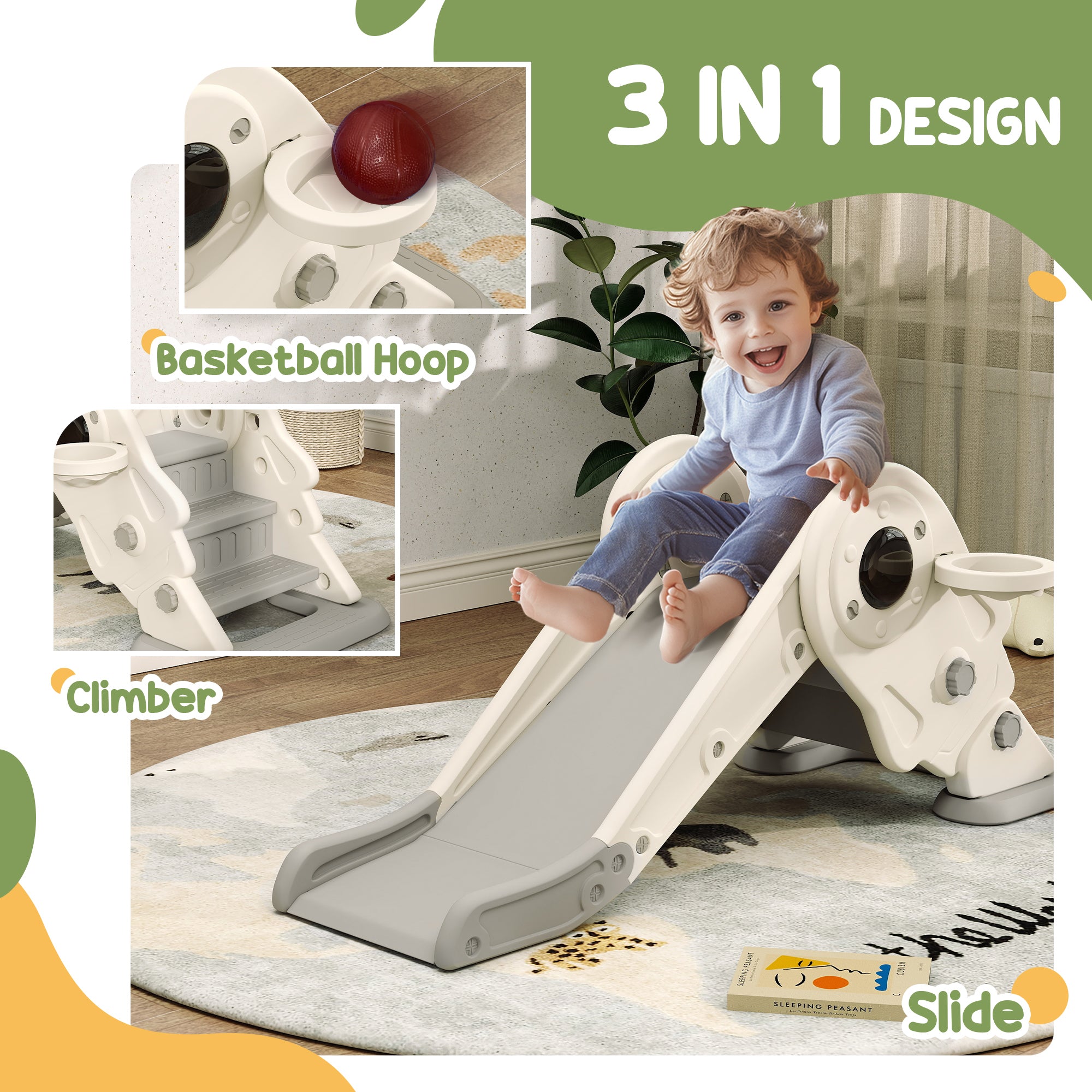 AIYAPLAY 3 in1 Kids Slide with Basketball Hoop, Climber, Anti-slip Steps for Toddlers Age 2-5, Cream White - North Peak Garden Furniture