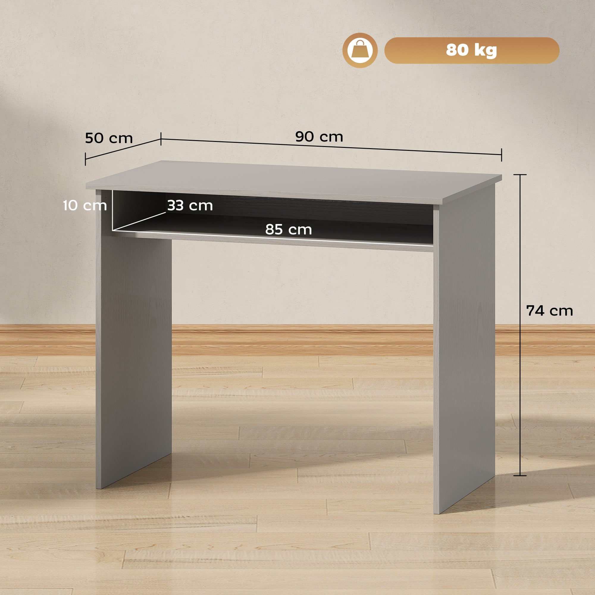 HOMCOM Modern Computer Desk, Home Office Table, Small Writing Desk with Storage Shelf, 90 x 50cm, Grey
