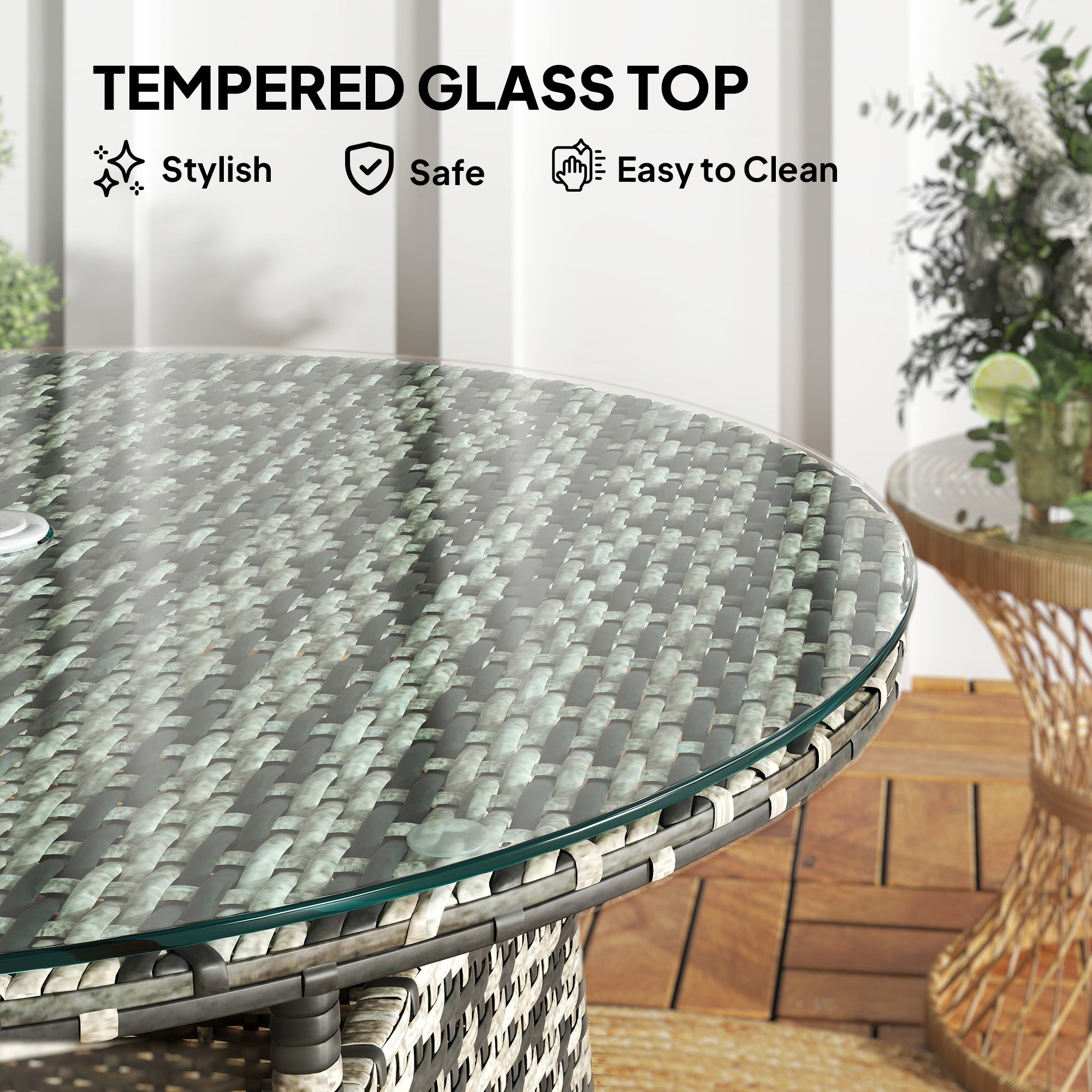 Outsunny Wicker Garden Rattan Table, Patio Furniture Outdoor Coffee Table with Umbrella Hole and Tempered Glass Top, Grey - North Peak Garden Furniture