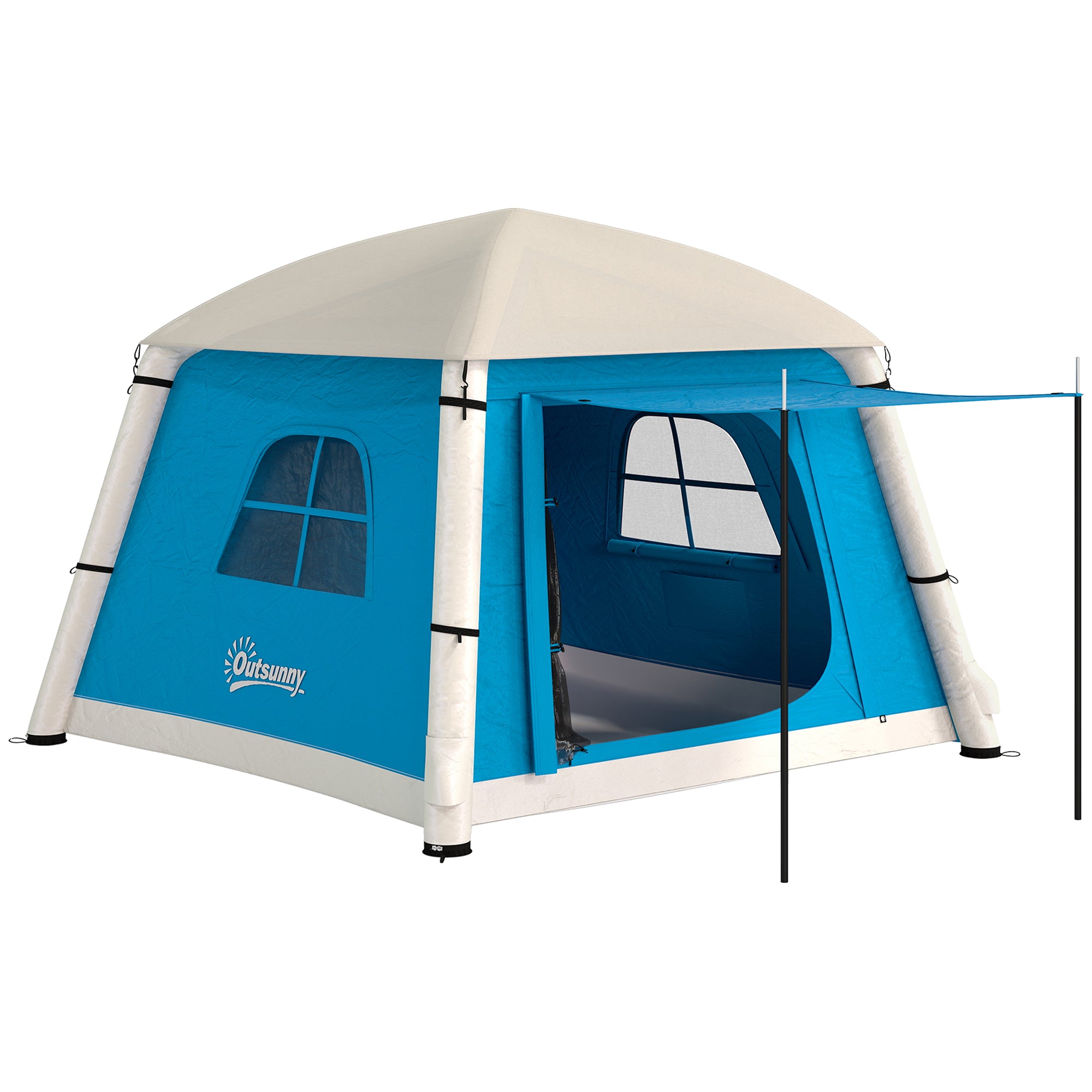 Outsunny Inflatable Camping Tent w/ Hand Pump, Easy Setup 1/2 Person Blow Up Tent Waterproof 190T Taffeta w/ Mesh Windows, Doors and Carry Bag, Light Blue - North Peak Garden Furniture
