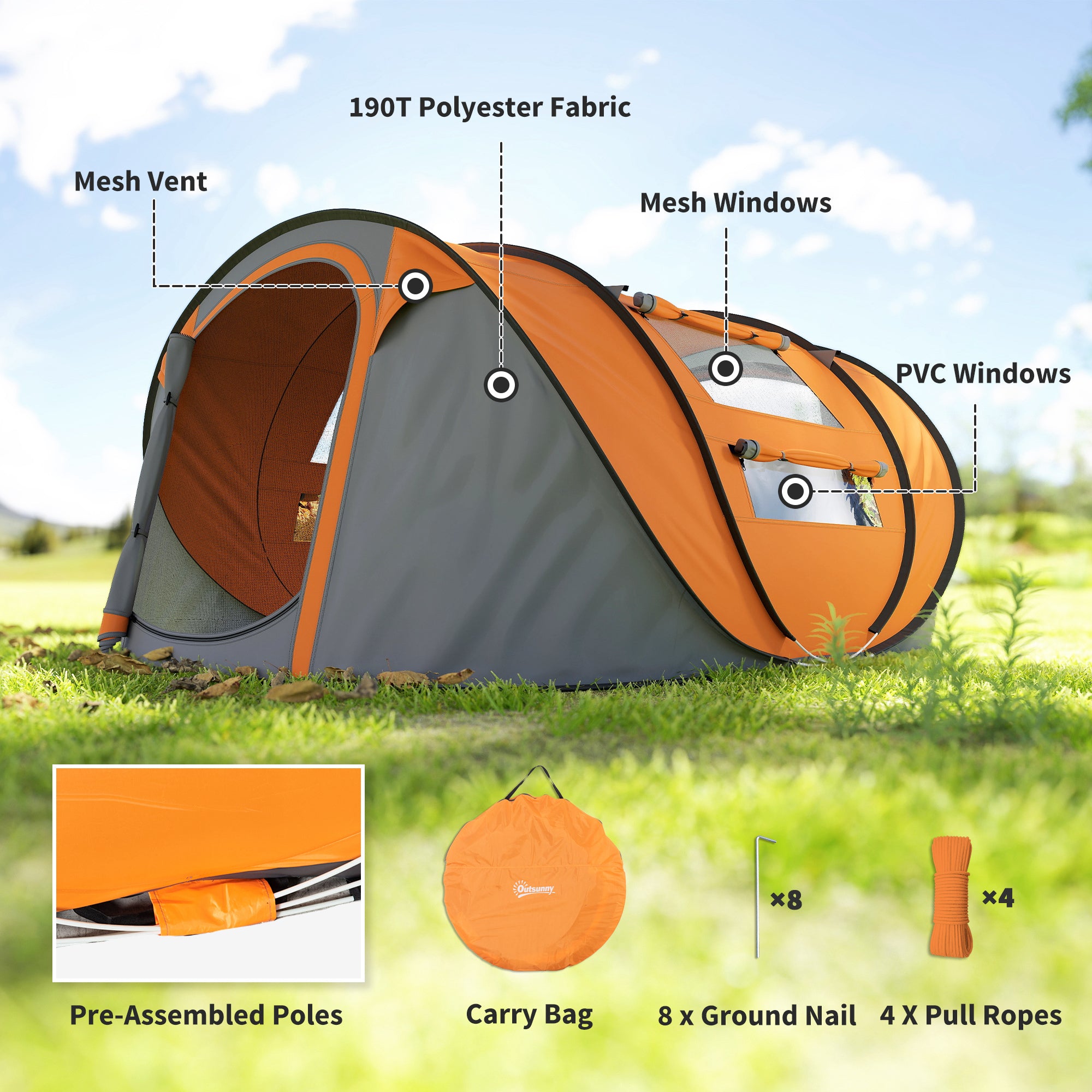 Outsunny 4-5 Person Pop-up Camping Tent Waterproof Family Tent w/ 2 Mesh Windows & PVC Windows Portable Carry Bag for Outdoor Trip, Orange