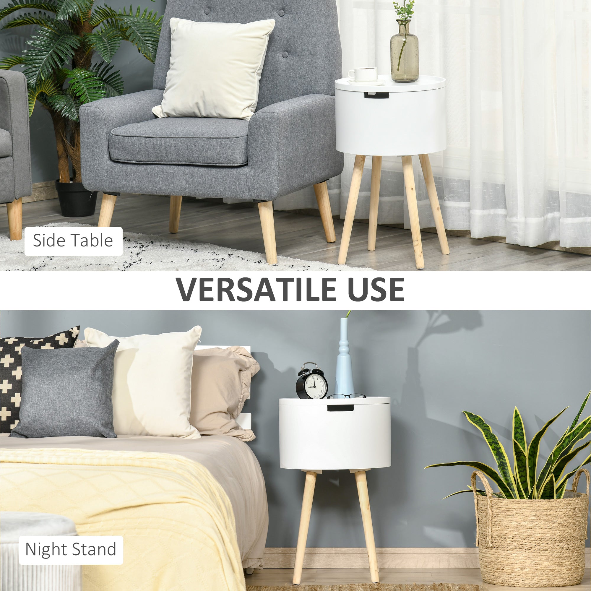 HOMCOM Modern Side Table with Hidden Storage Space, Round Night Stand with Removable Tray Wood Frame End Coffee Table for Living Room, White - North Peak Garden Furniture
