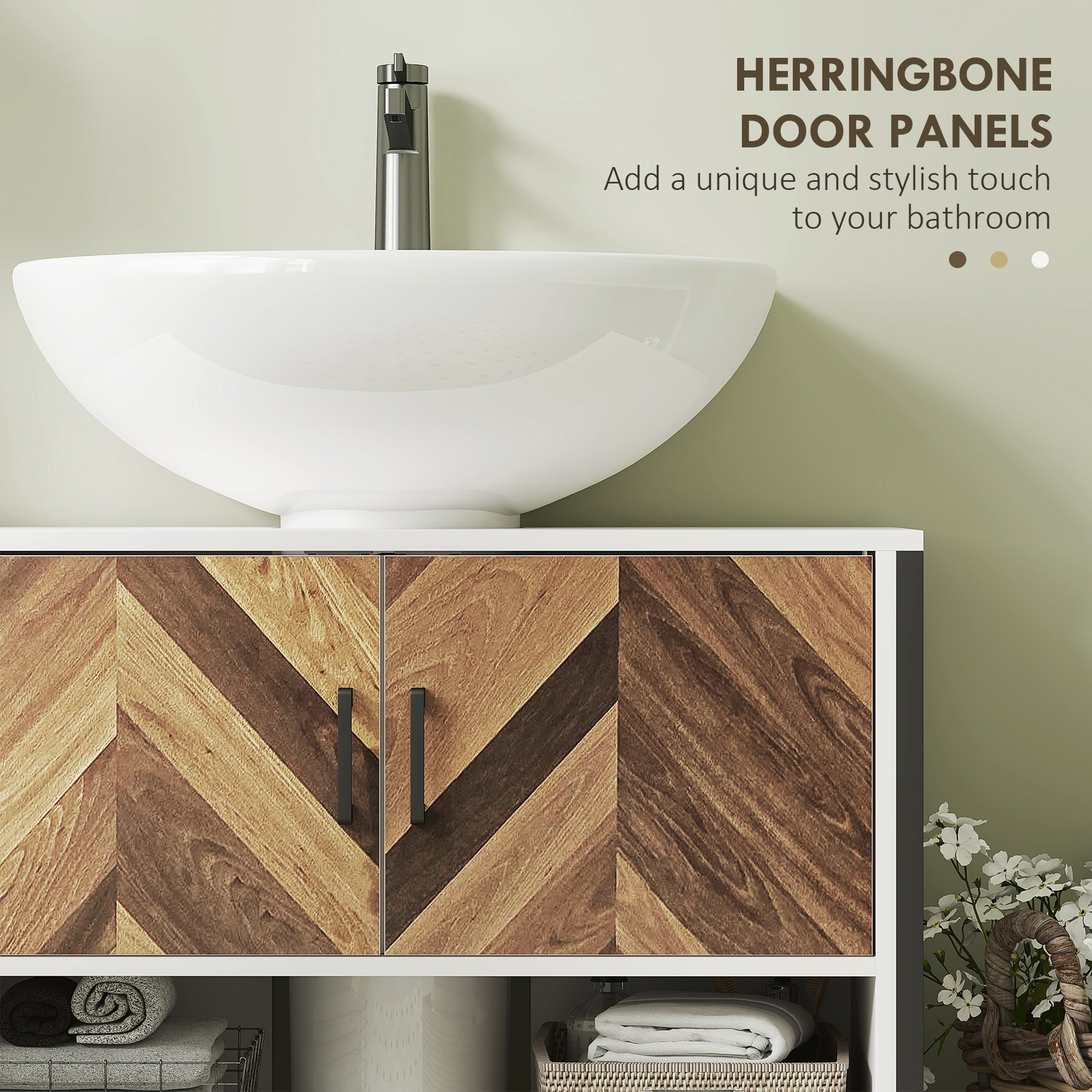 HOMCOM Under Sink Bathroom Cabinet, Rustic Under Sink Cabinet with Herringbone Doors and Open Compartment for Basin with or without Pedestal, 80 x 40 x 60cm, Cream White - North Peak Garden Furniture