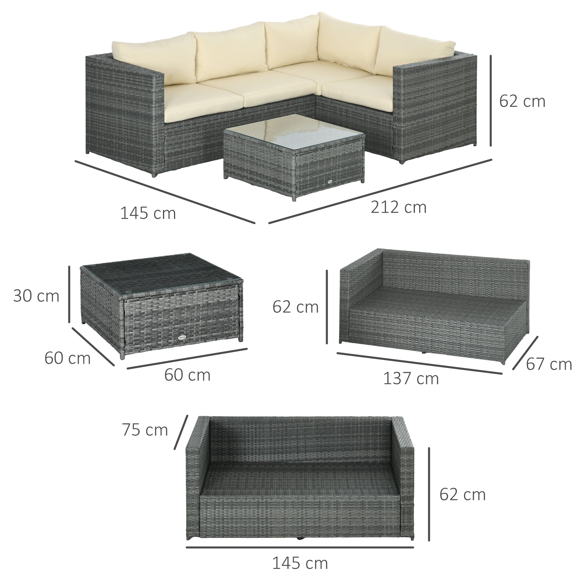 Outsunny 3 Pieces PE Rattan Garden Furniture Set with 10cm Thick Cushions, 4 Seater Outdoor Patio Corner Sofa Set with Glass Top Coffee Table, Beige