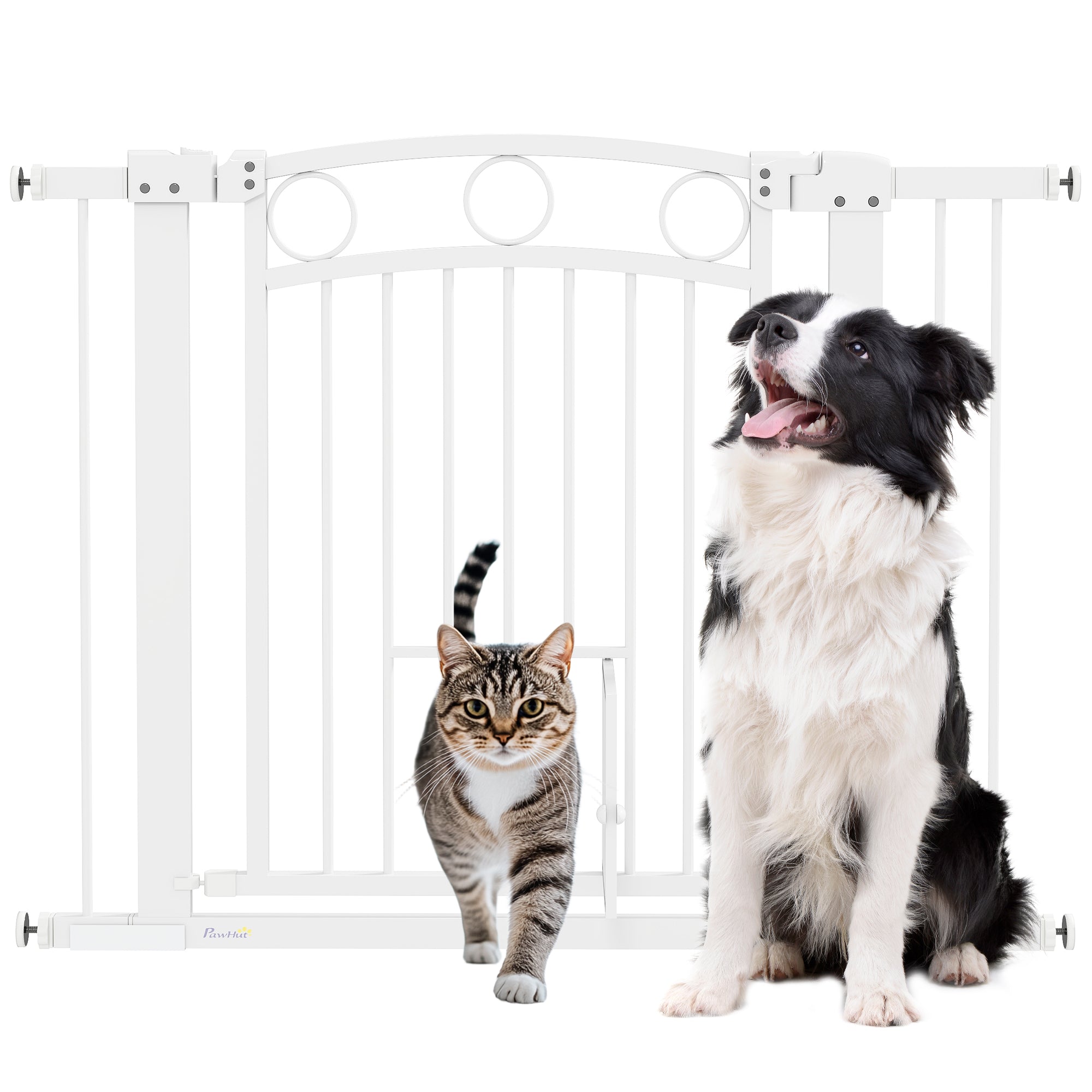 PawHut 77cm Tall Dog Gate with Cat Door, 7cm and 14cm Extensions, for Stairs, Doorways, 76-104cm Width - North Peak Garden Furniture