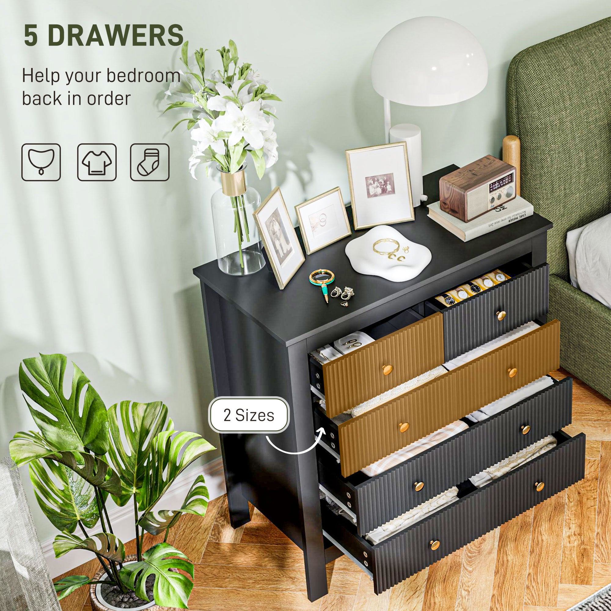 HOMCOM Elegant Chest of Five Drawers - Black - North Peak Garden Furniture