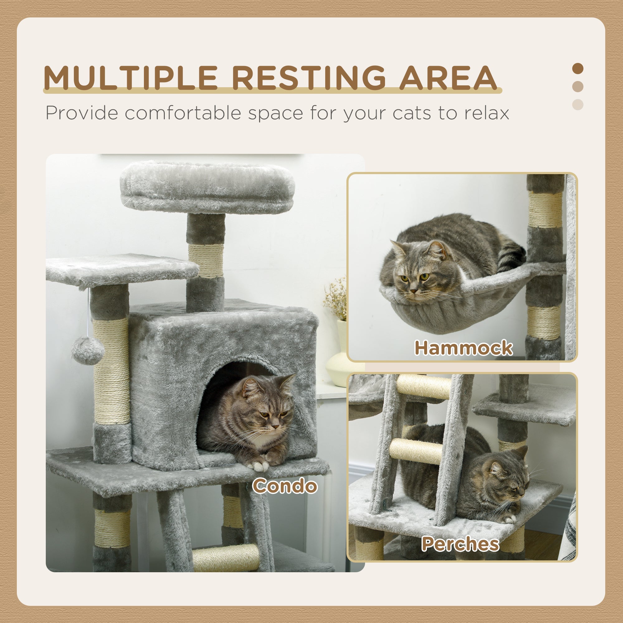 PawHut 132cm Cat Tree with Scratching Post, House, Hammock, Toy Balls - Grey - North Peak Garden Furniture