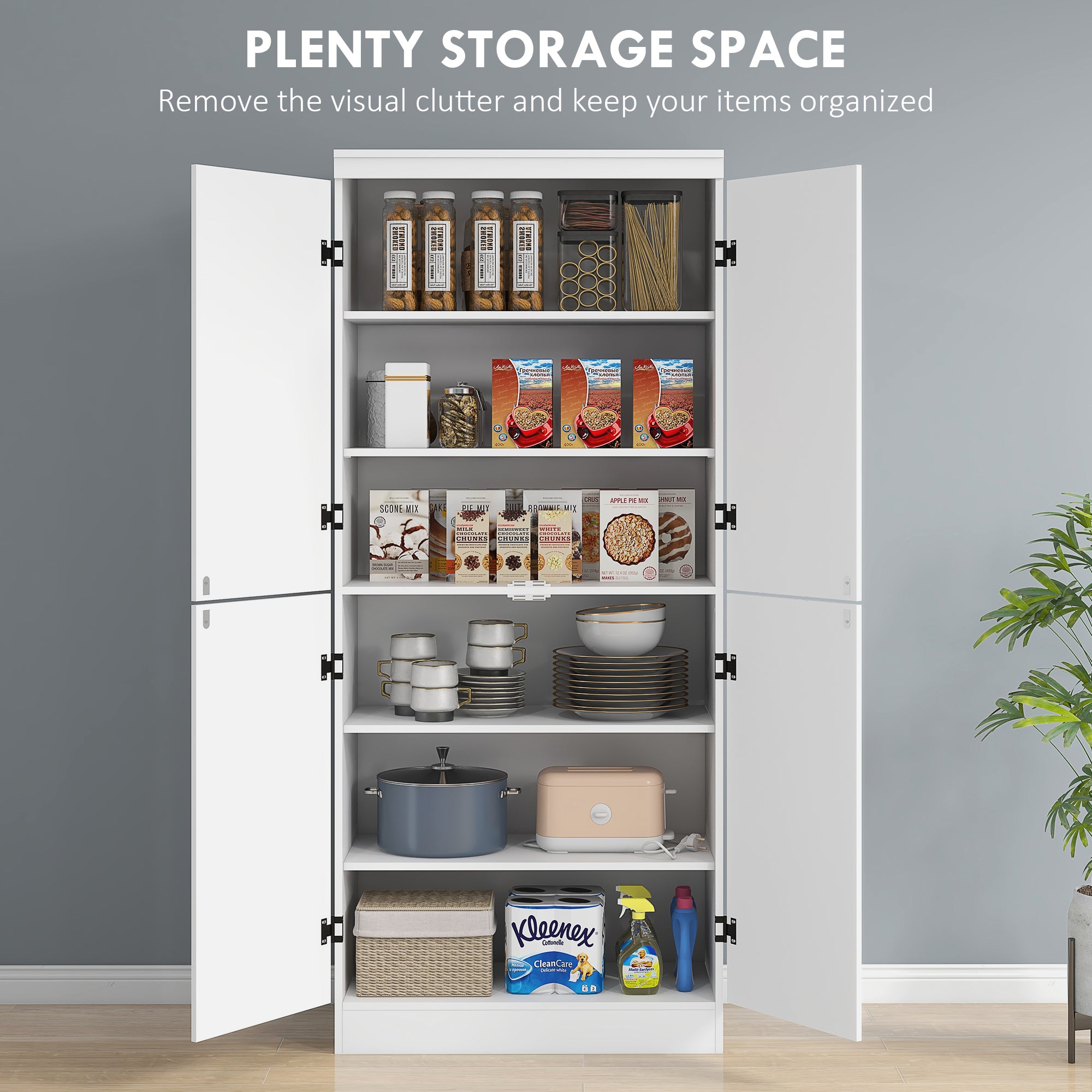 HOMCOM 4-Door Tall Kitchen Cupboard, Freestanding 6-Tier Storage Cabinet with 2 Adjustable Shelves for Living Room, Dining Room, White - North Peak Garden Furniture