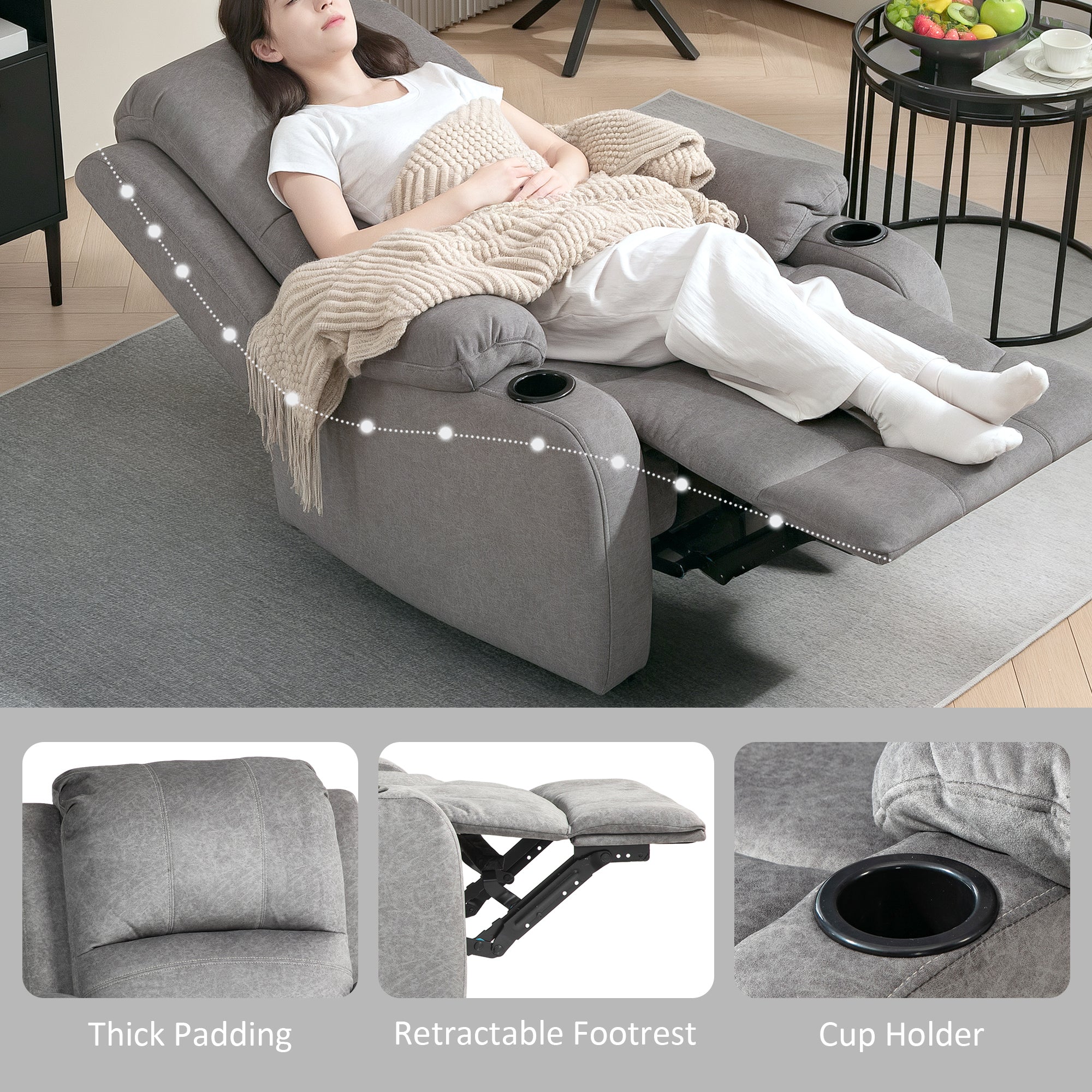 HOMCOM Microfibre Manual Reclining Armchair, with Footrest - Grey - North Peak Garden Furniture