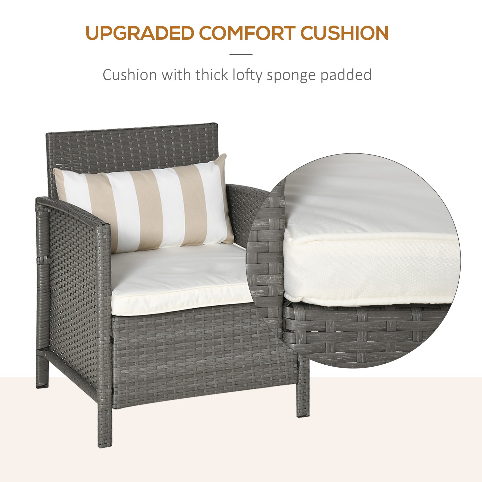 Outsunny 3 Pieces Rattan Bistro Set, Wicker Garden Furniture Set, Glass Top 2-tier Coffee Table and Chairs Set with Pillows and Washable Cushions for Outdoor, Patio, Balcony, Light Grey - North Peak Garden Furniture