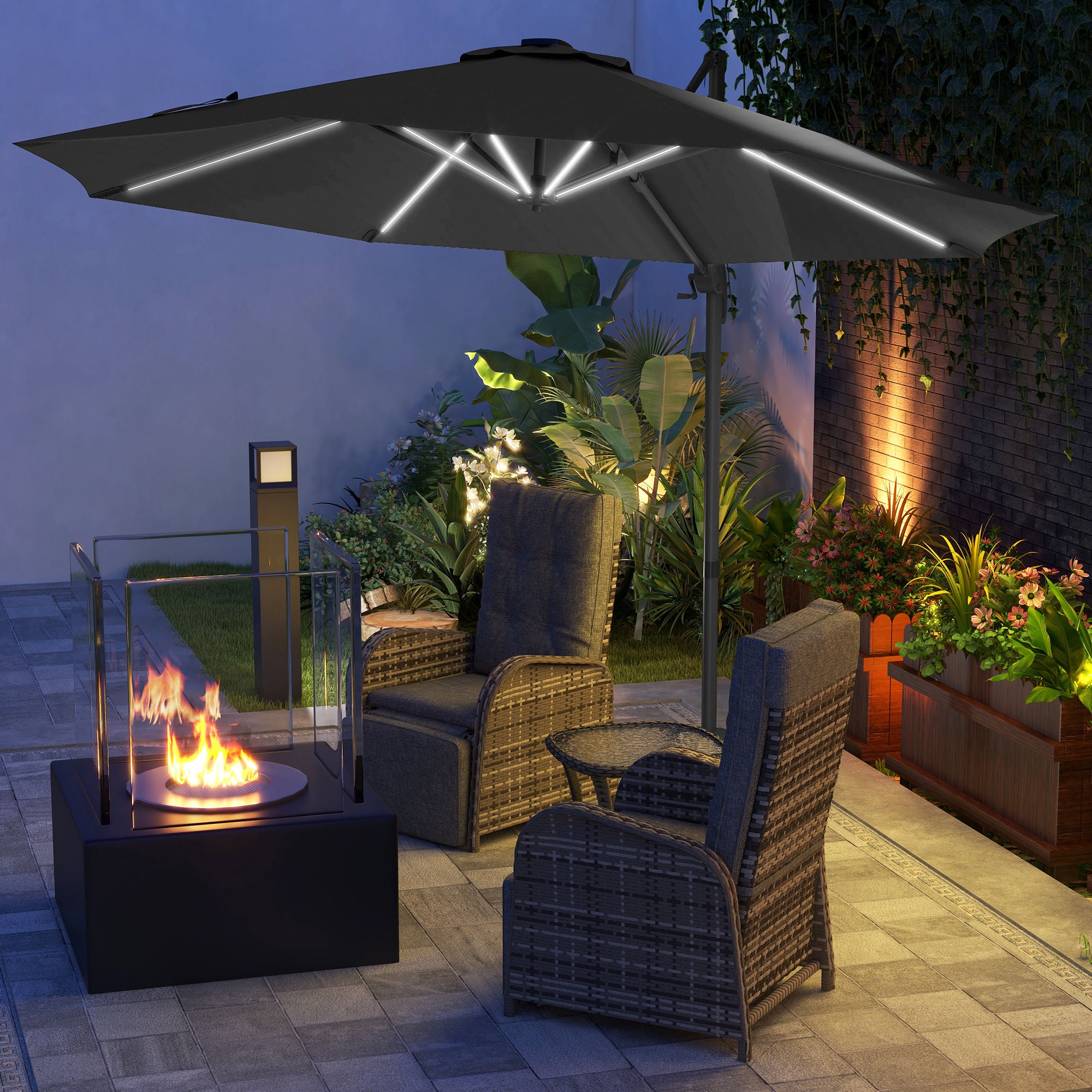 Outsunny 3(m) Adjustable Cantilever Parasol with Base, Solar LED Lights, Dark Grey - North Peak Garden Furniture