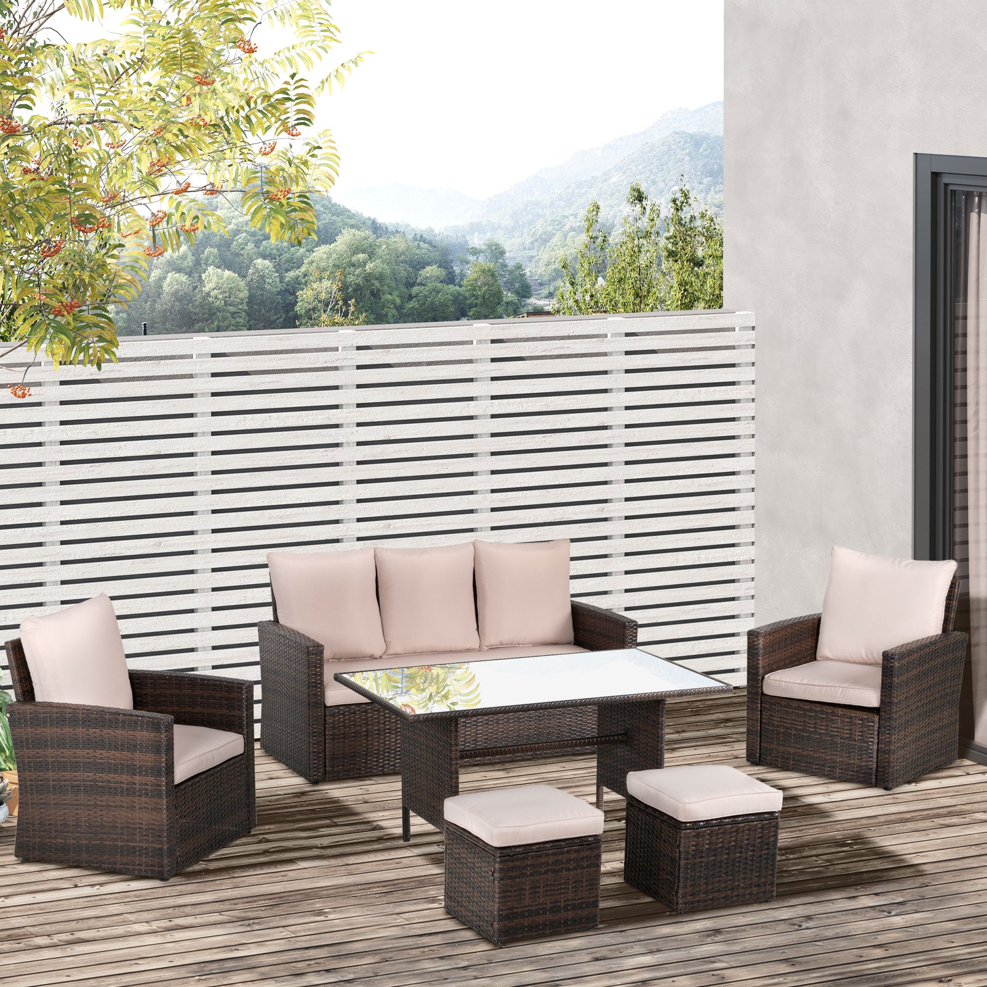 Outsunny Six-Piece Rattan Sofa Set, with Glass-Top Table - Mixed Brown - North Peak Garden Furniture