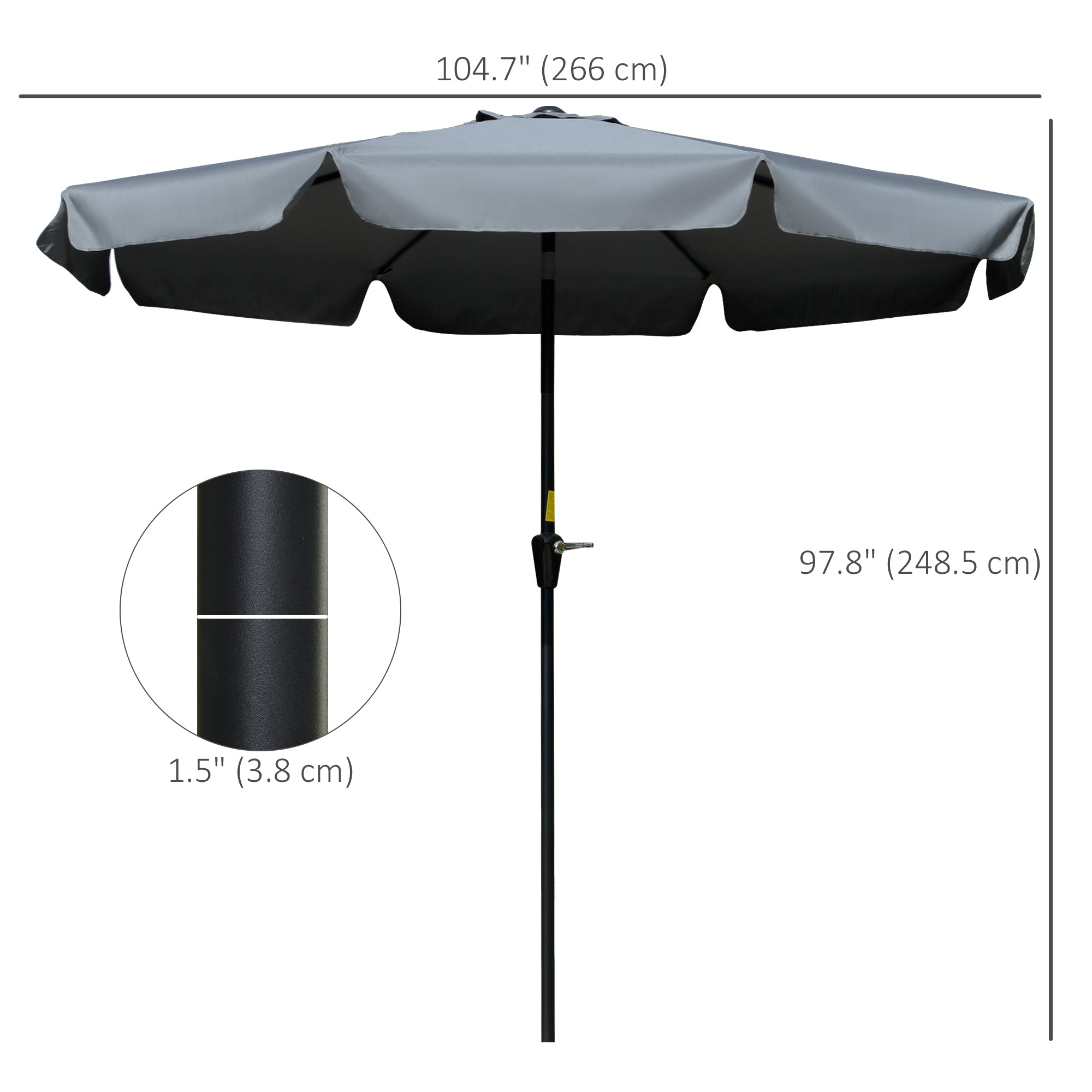Outsunny 2.7m Patio Parasol Garden Umbrellas Outdoor Sun Shade Table Umbrella with Tilt, Crank, 8 Ribs, Ruffles, Grey - North Peak Garden Furniture