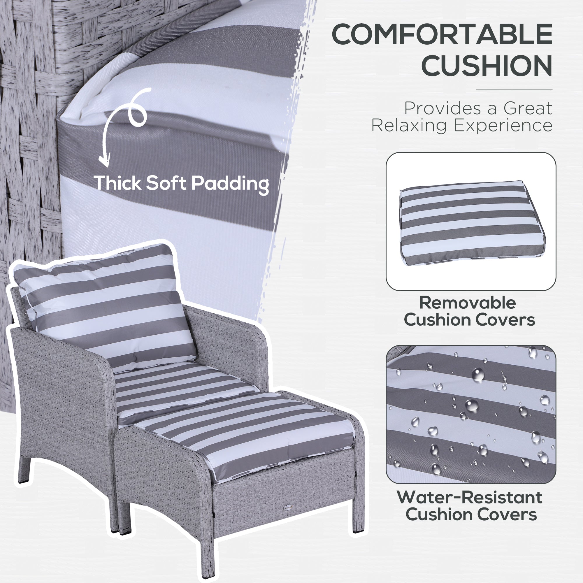 Outsunny 5 Pieces PE Rattan Garden Furniture Set with 10cm Thick Padded Cushions, Wicker Weave Outdoor Seating Chairs with 2 Armchairs, 2 Stools, Glass Top Table, Grey and White - North Peak Garden Furniture