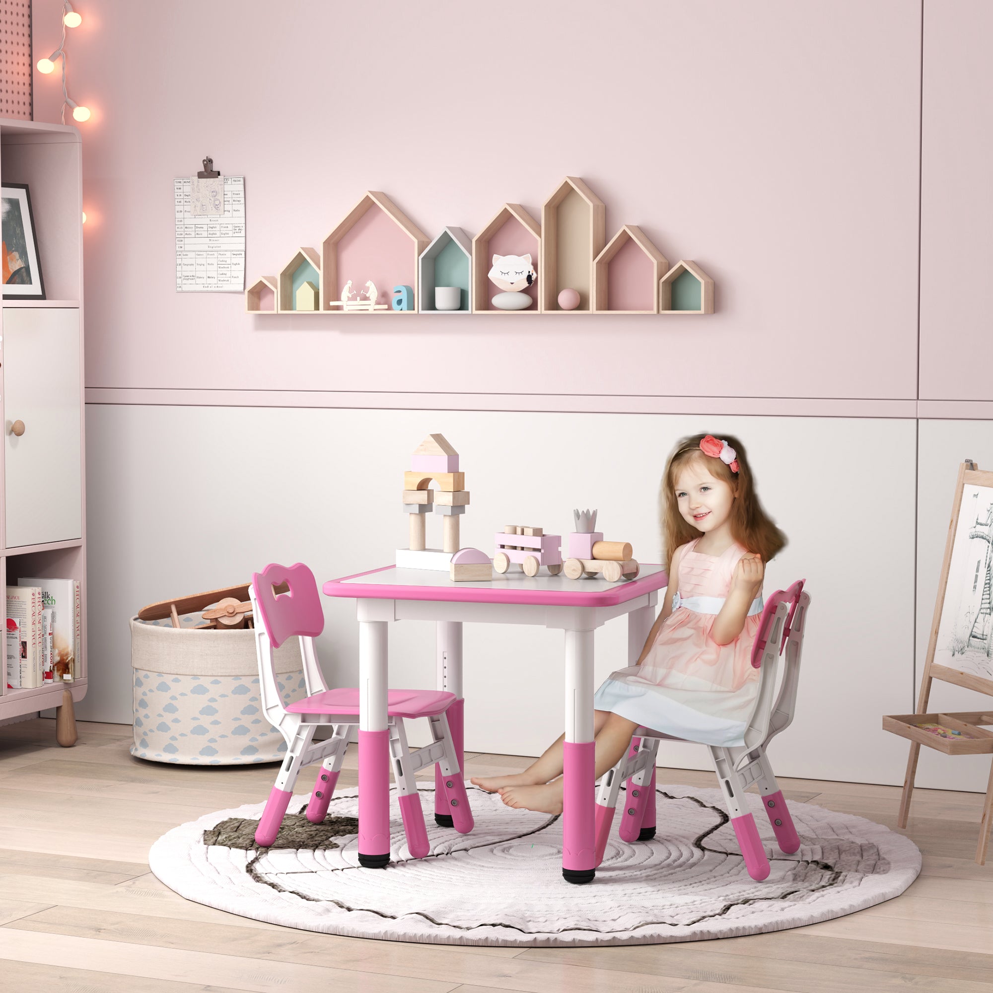 AIYAPLAY Height Adjustable Toddler Table and Chair Set, 3 Pcs Children Activity Table w/ 2 Chairs, for Playroom, Bedroom - Pink - North Peak Garden Furniture