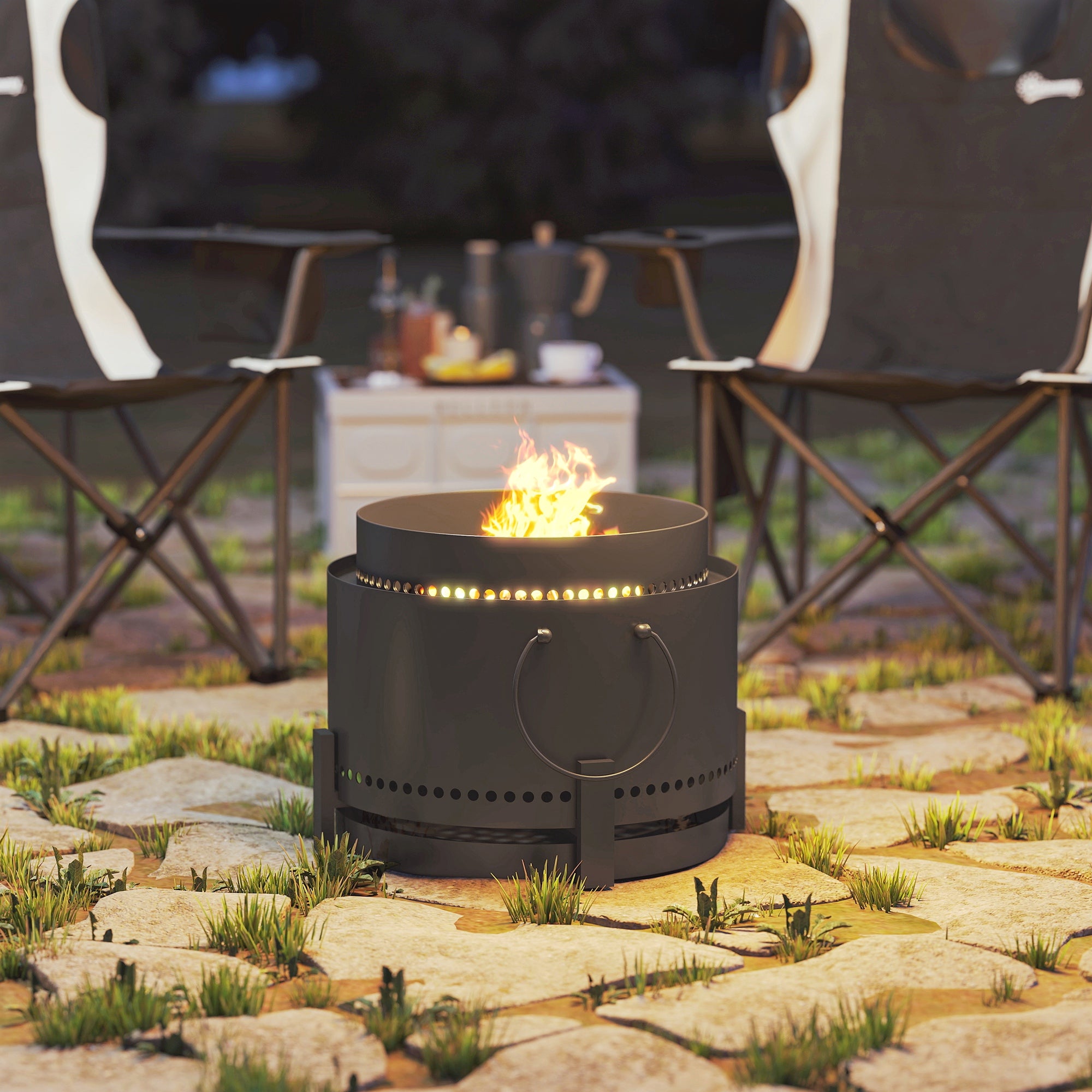 Outsunny Smokeless Fire Pit with Ash Catcher, 37cm Portable Wood Burning Firepit with Poker for Garden Camping Bonfire Party, Metal, Dark Grey - North Peak Garden Furniture