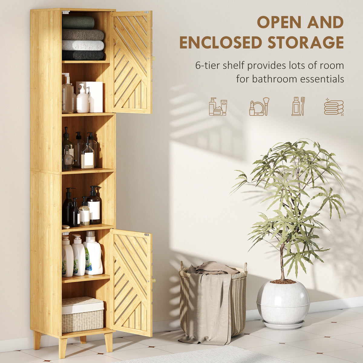 HOMCOM Multi-Storage Bamboo Door Bathroom Cabinet - Natural Finish