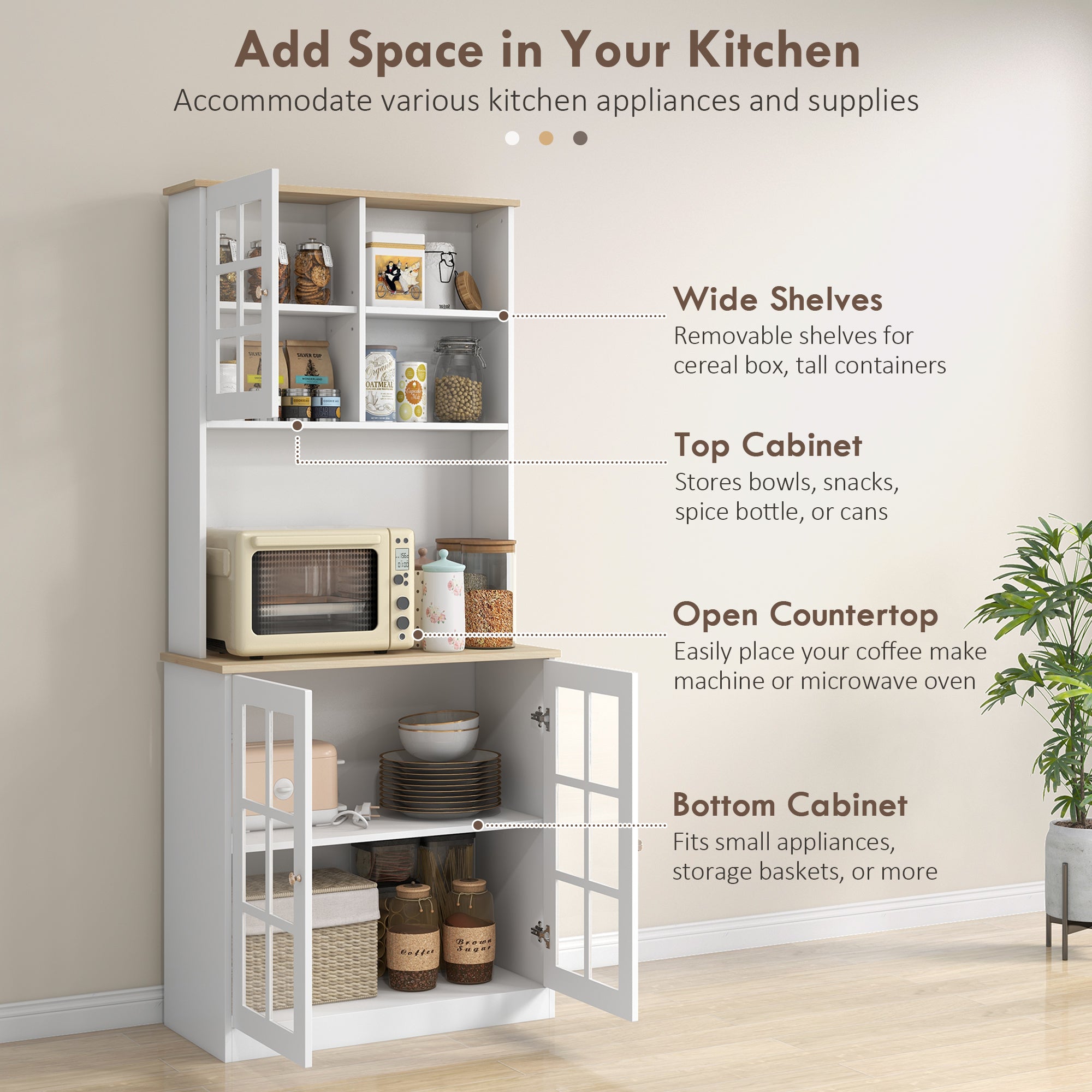 HOMCOM Freestanding Kitchen Cupboard, Storage Cabinet with Doors and Adjustable Shelves, Counter Top, Grid Glass Doors, 80L x 37W x 183H cm - White - North Peak Garden Furniture