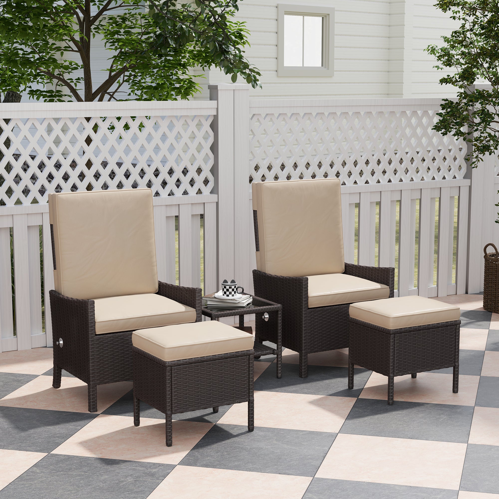Outsunny 5 Piece Rattan Garden Furniture Set, Wicker Patio Sofa Set with 2 Armchairs, 2 Footstools, Glass Top Coffee Table with Shelf, Outdoor Furniture with Adjustable Backrests, Cushions, Khaki - North Peak Garden Furniture