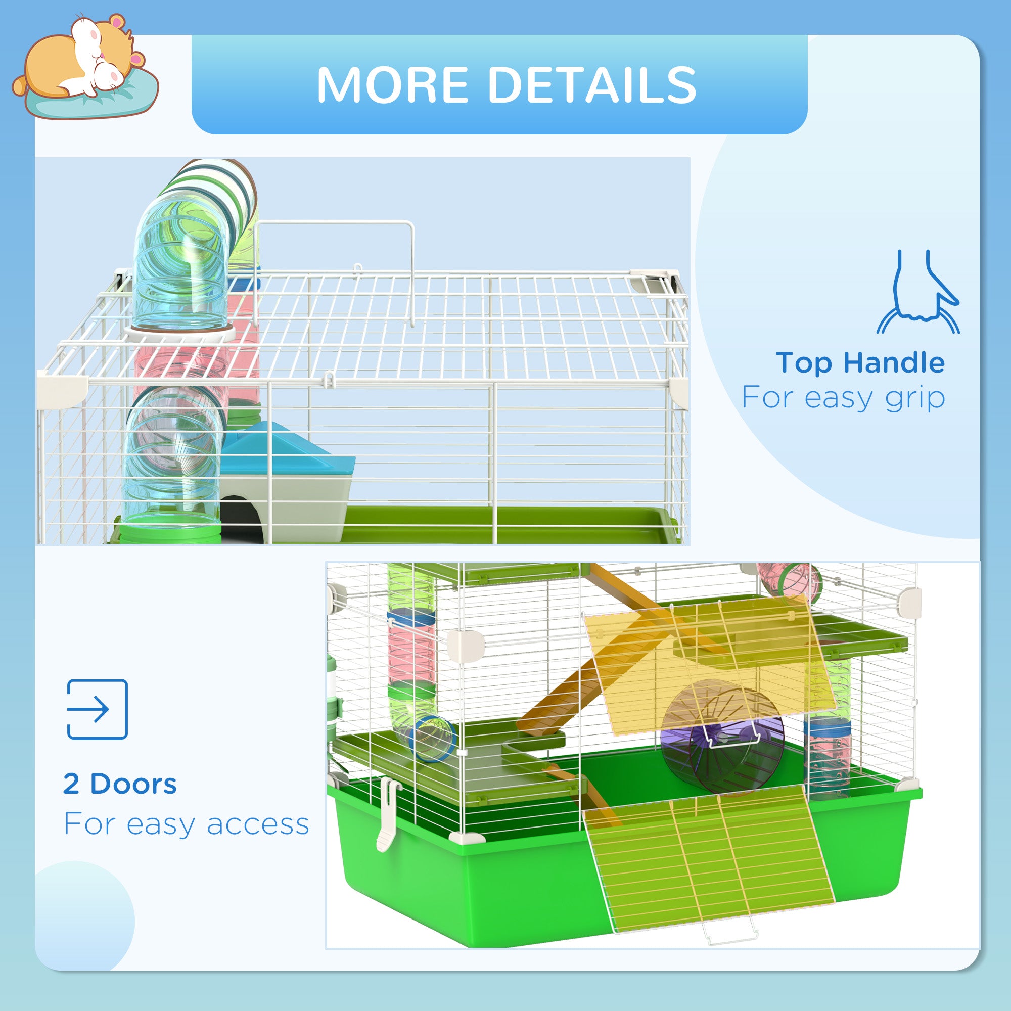 PawHut Hamster Cage w/ Water Bottle, Exercise Wheel, Tubes, Ramps - Green - North Peak Garden Furniture