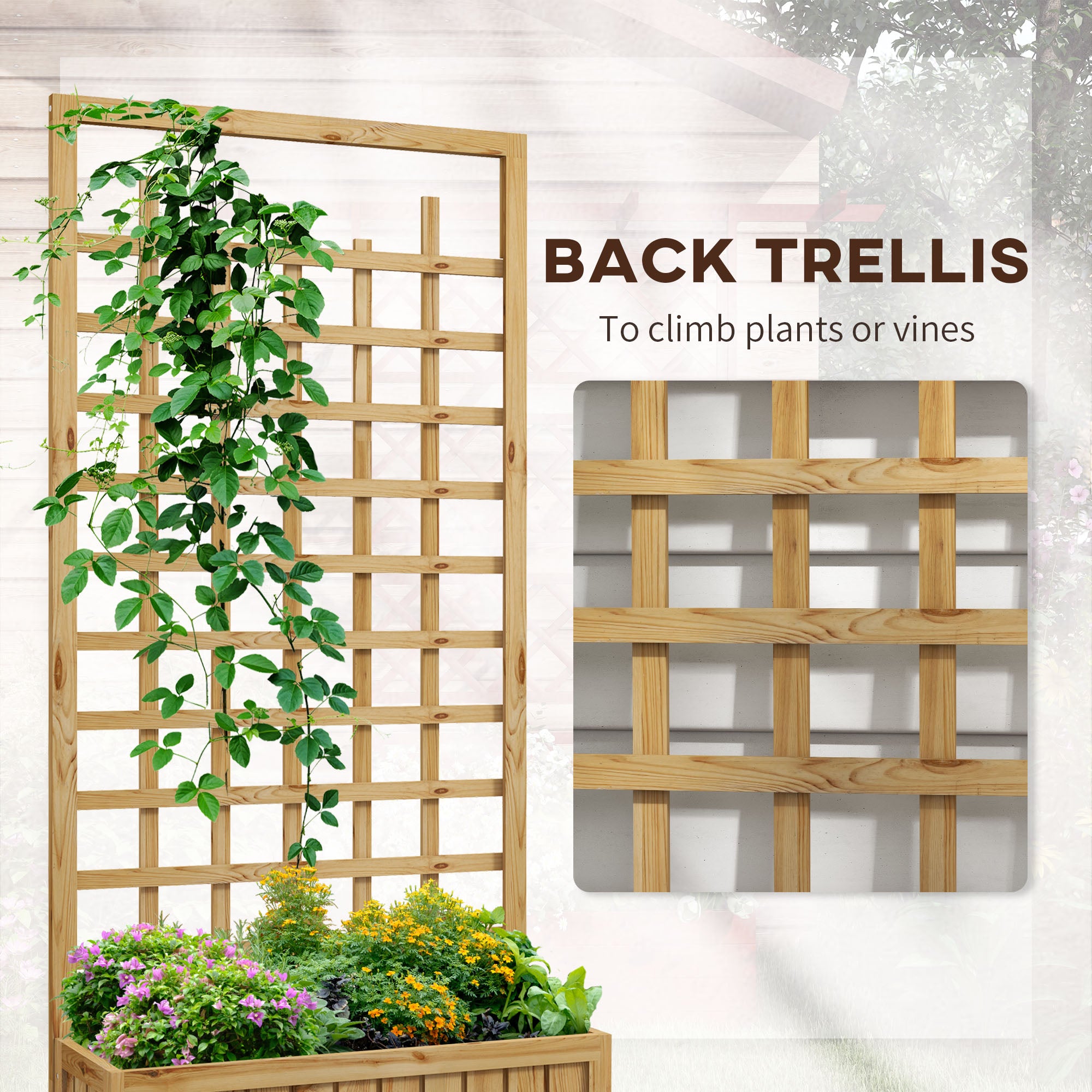 Outsunny Wooden Trellis Planter, Raised Garden Bed with Wheels and Bed Liner, to Climb and Grow Vegetables, Herbs and Flowers