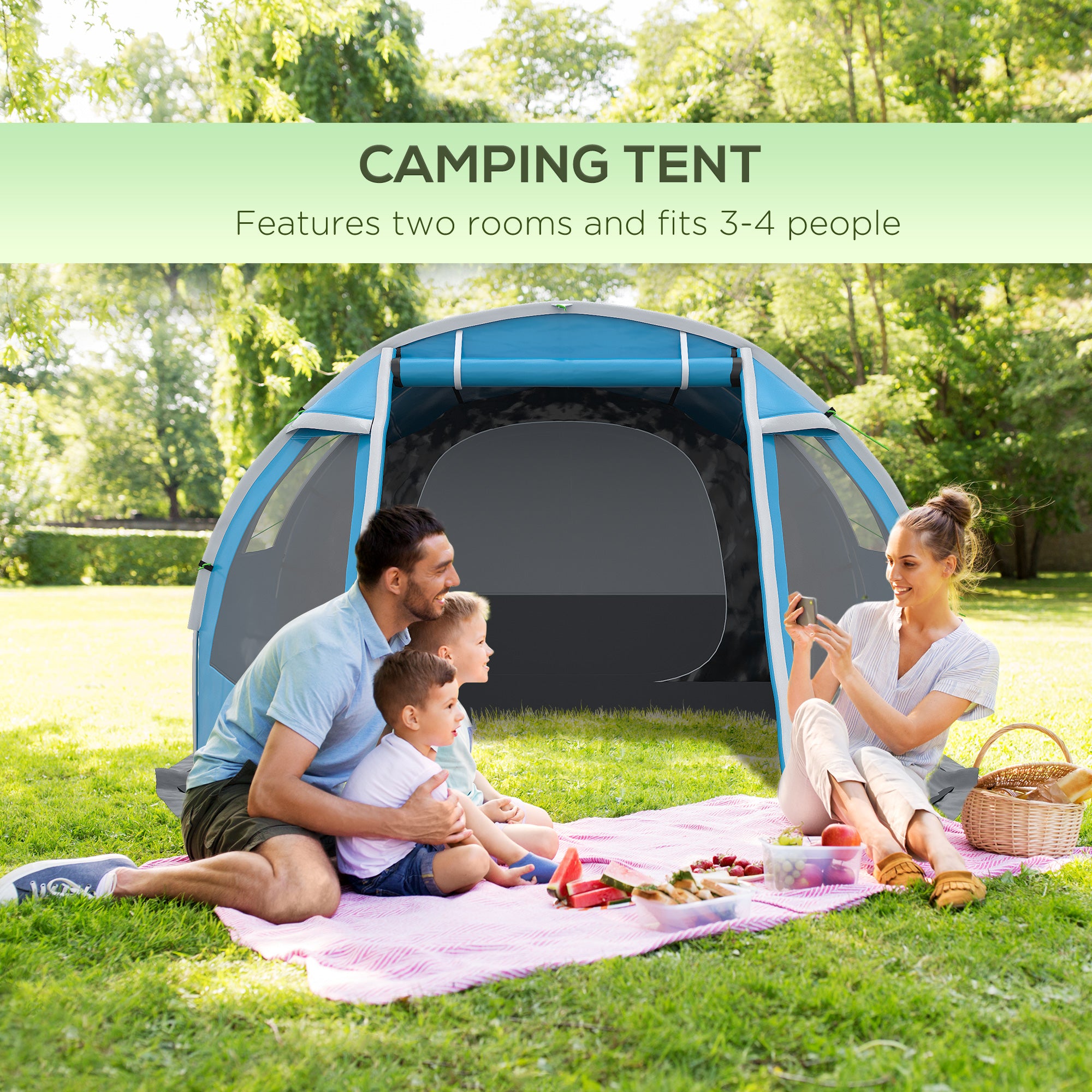 Outsunny 3-4 Man Tunnel Tent, Two Room Camping Tent with Windows and Covers, Portable Carry Bag, for Fishing, Hiking, Sports, Festival - Blue - North Peak Garden Furniture