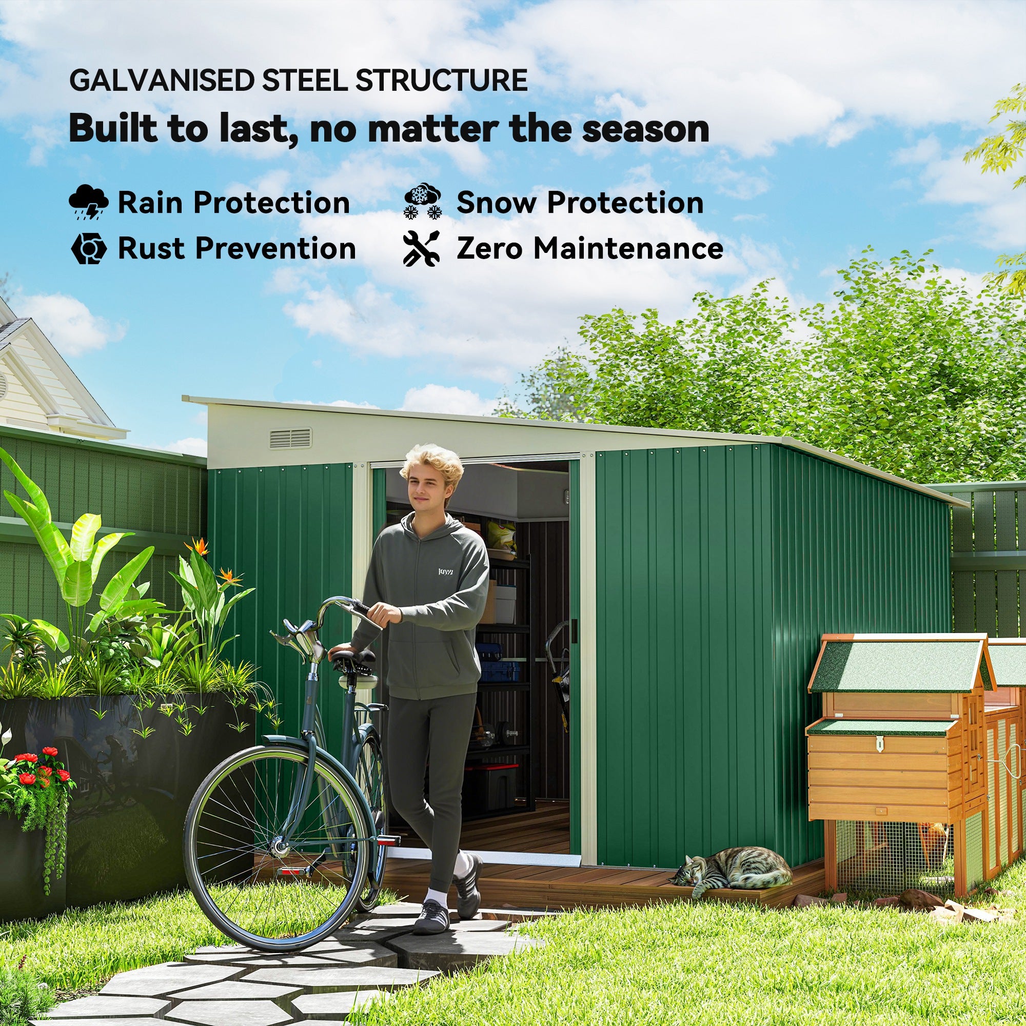 Outsunny Garden Metal Storage Shed Outdoor Metal Tool House with Double Sliding Doors and 2 Air Vents, 11.3x9.2ft, Green - North Peak Garden Furniture