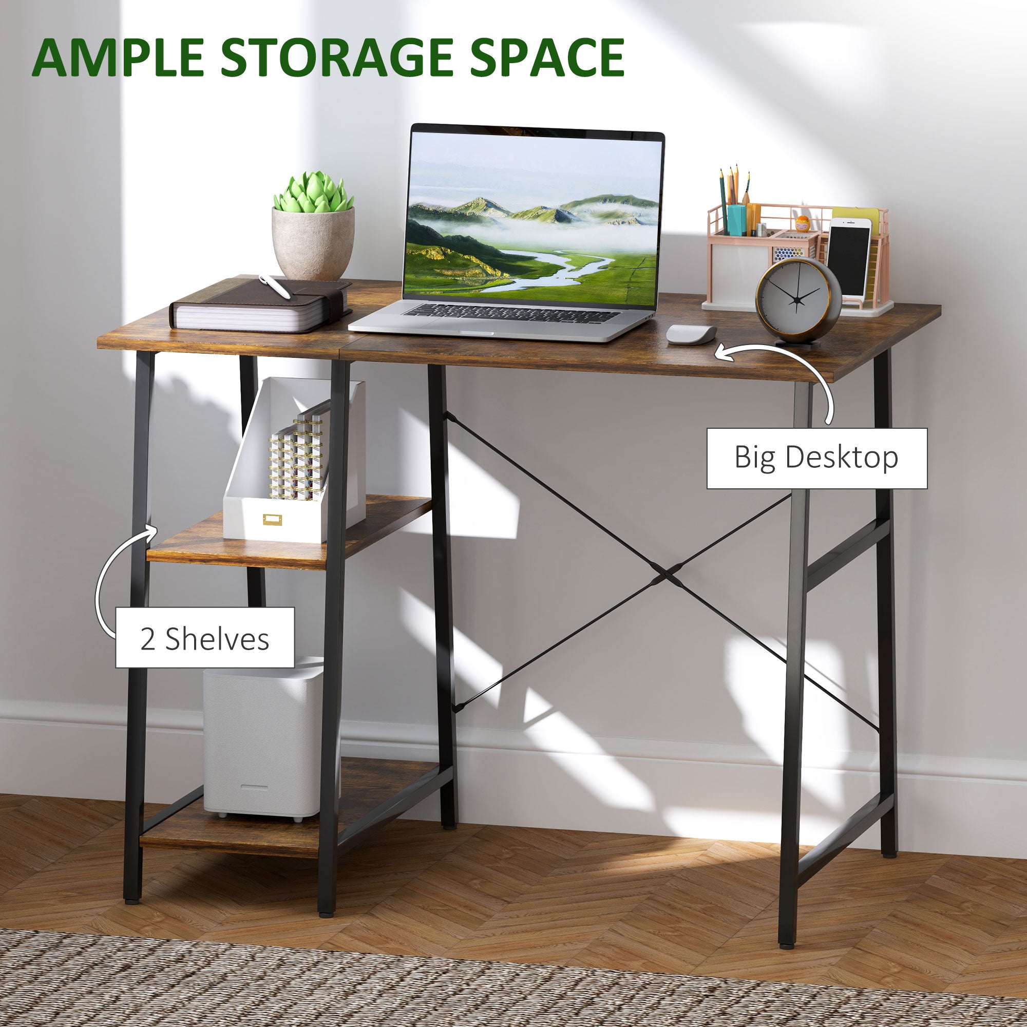 HOMCOM Industrial-Style Work Desk, with Shelves - Brown/Black - North Peak Garden Furniture