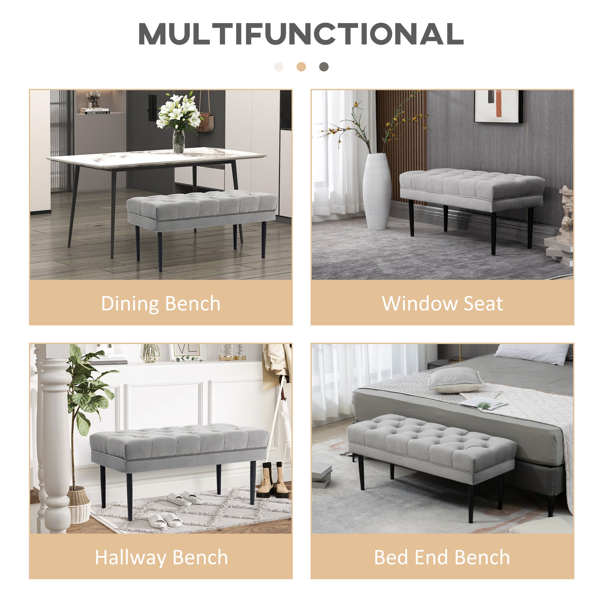 HOMCOM Velvet Bed End Bench, Button Tufted Window Seat, Hallway Shoe Bench, Upholstered Accent Lounge Chair Stool for Living Room, Bedroom, Grey - North Peak Garden Furniture