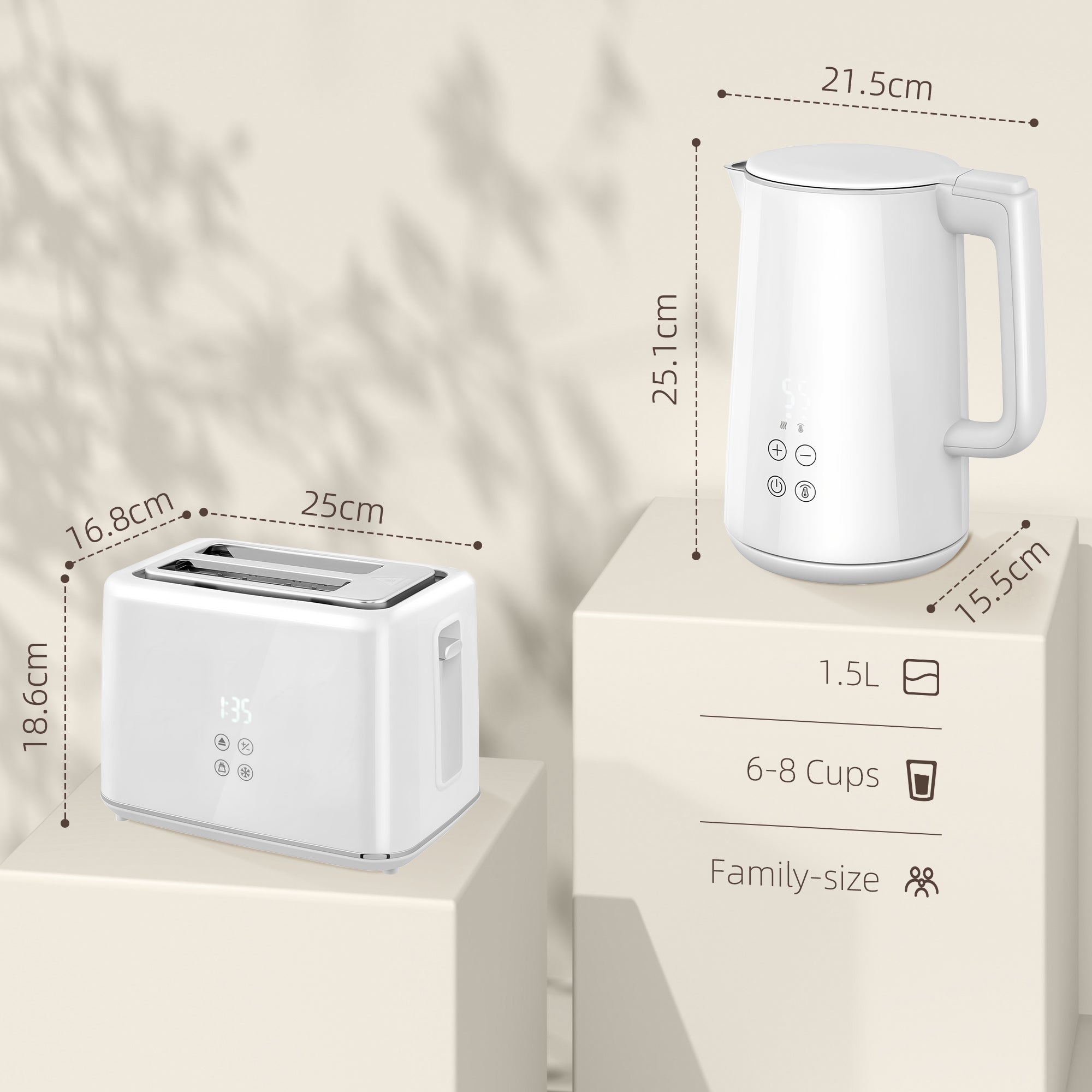 HOMCOM Kettle and Toaster Set, 1.5L 3000W Fast Boil Kettle with Insulation & 2 Slice Toaster Kitchen Set with 7 Level Browning Controls, Defrost, Reheat and Crumb Tray, Cream White - North Peak Garden Furniture